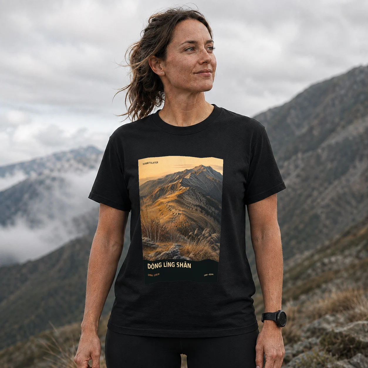 Black Dongling Shan T-shirt front with mountain artwork