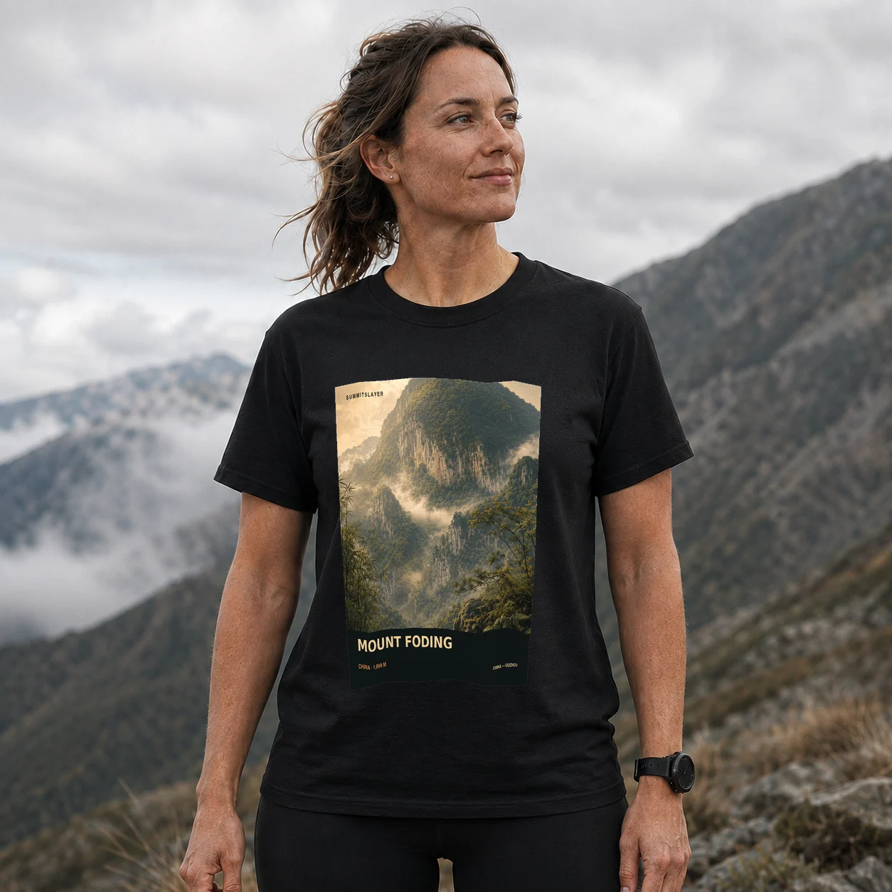 Black Foding Shan T-shirt front with mountain artwork