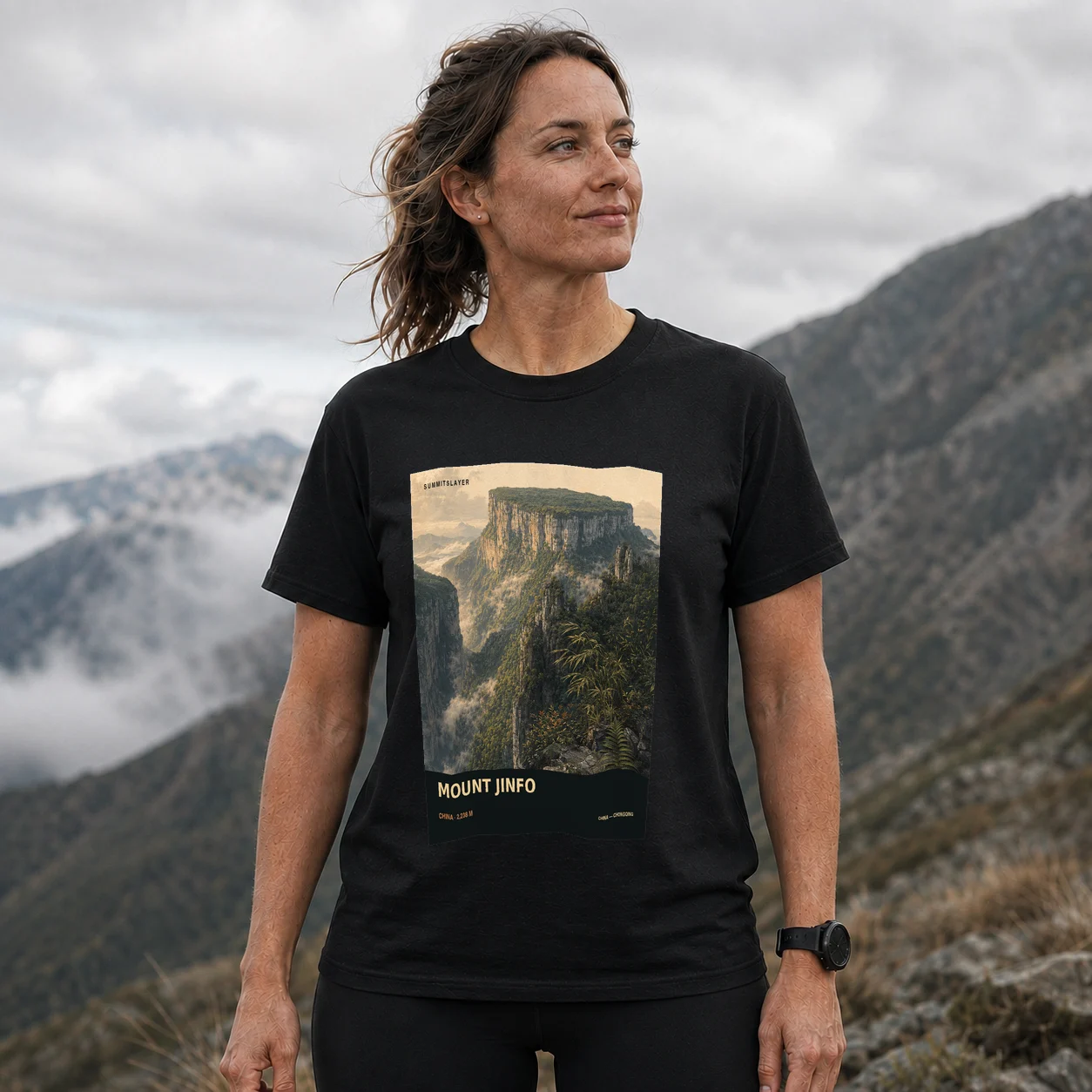 Black Jinfo Shan T-shirt front with mountain artwork