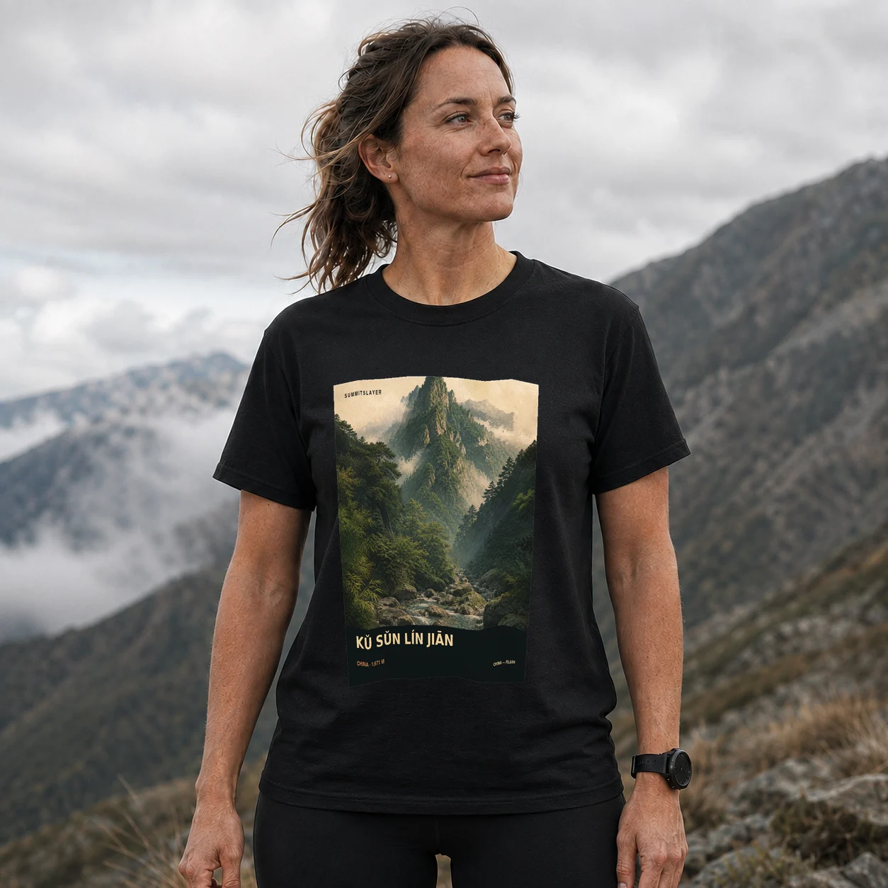 Black Kusunlinjian T-shirt front with mountain artwork