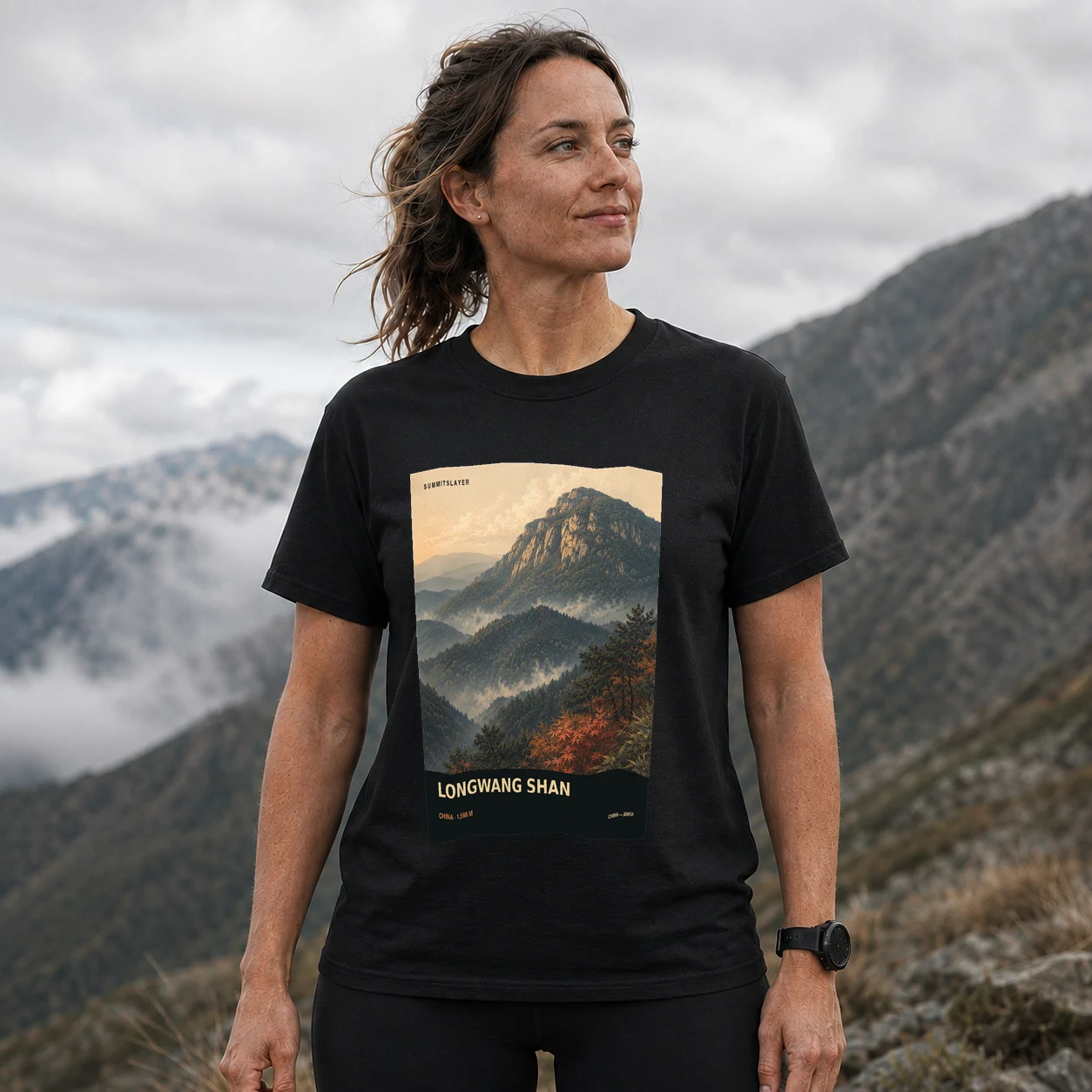 Black Longwang Shan T-shirt front with mountain artwork