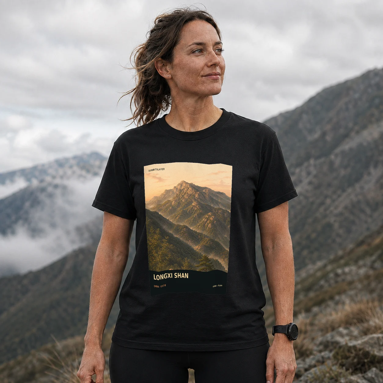 Black Longxi Shan T-shirt front with mountain artwork