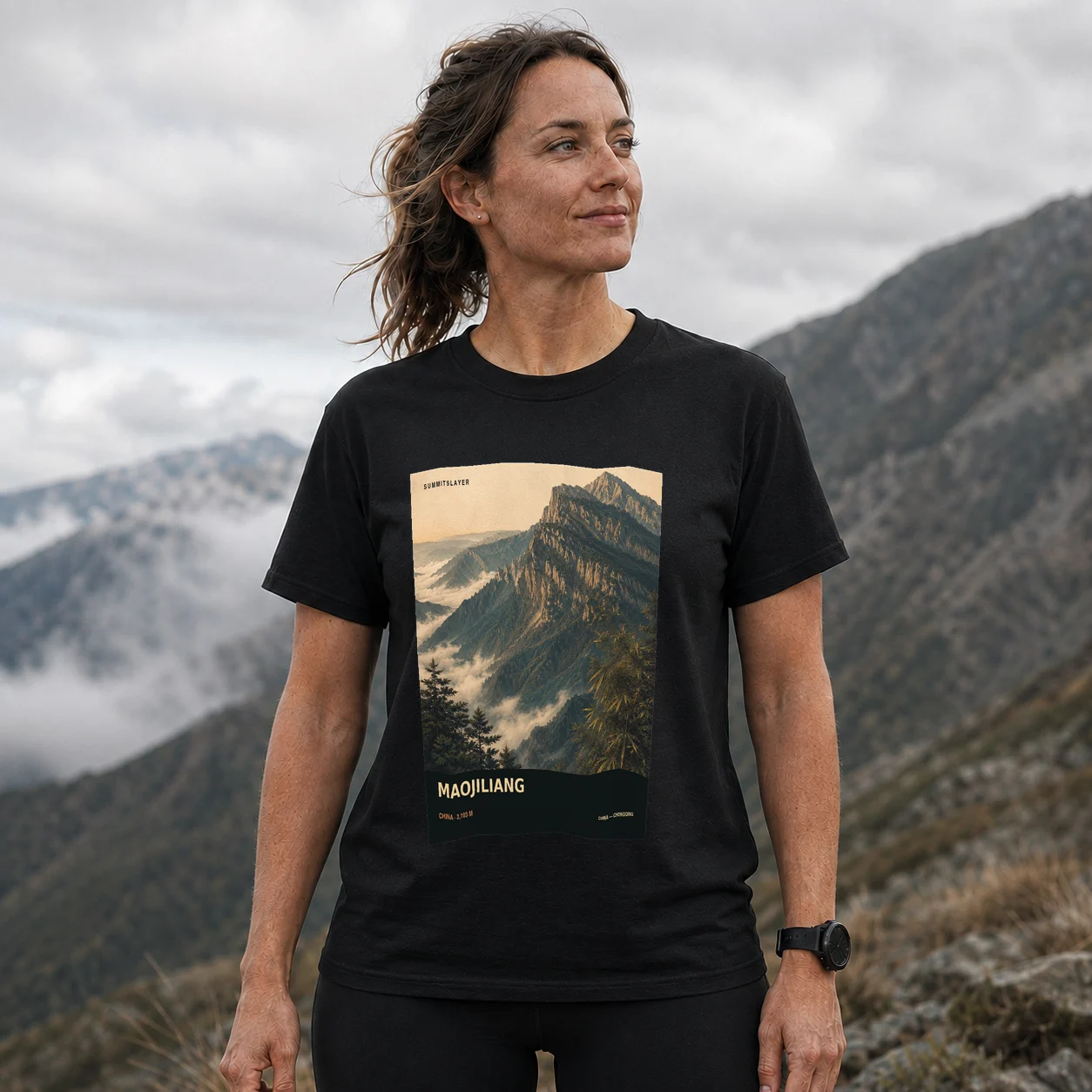 Black Maojiliang T-shirt front with mountain artwork