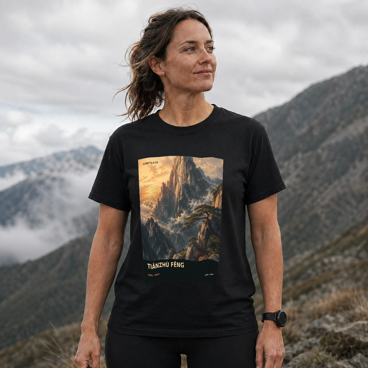 Black Tianzhu Shan T-shirt front with mountain artwork