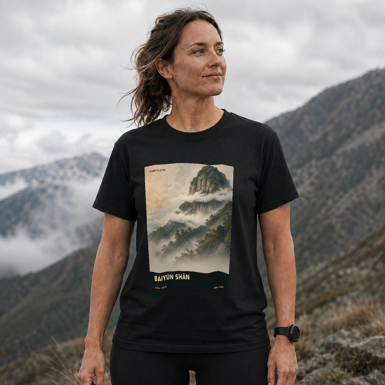 Black Baiyun Shan T-shirt front with mountain artwork