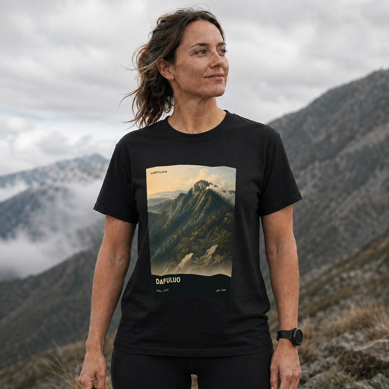 Black Dafuluo T-shirt front with mountain artwork