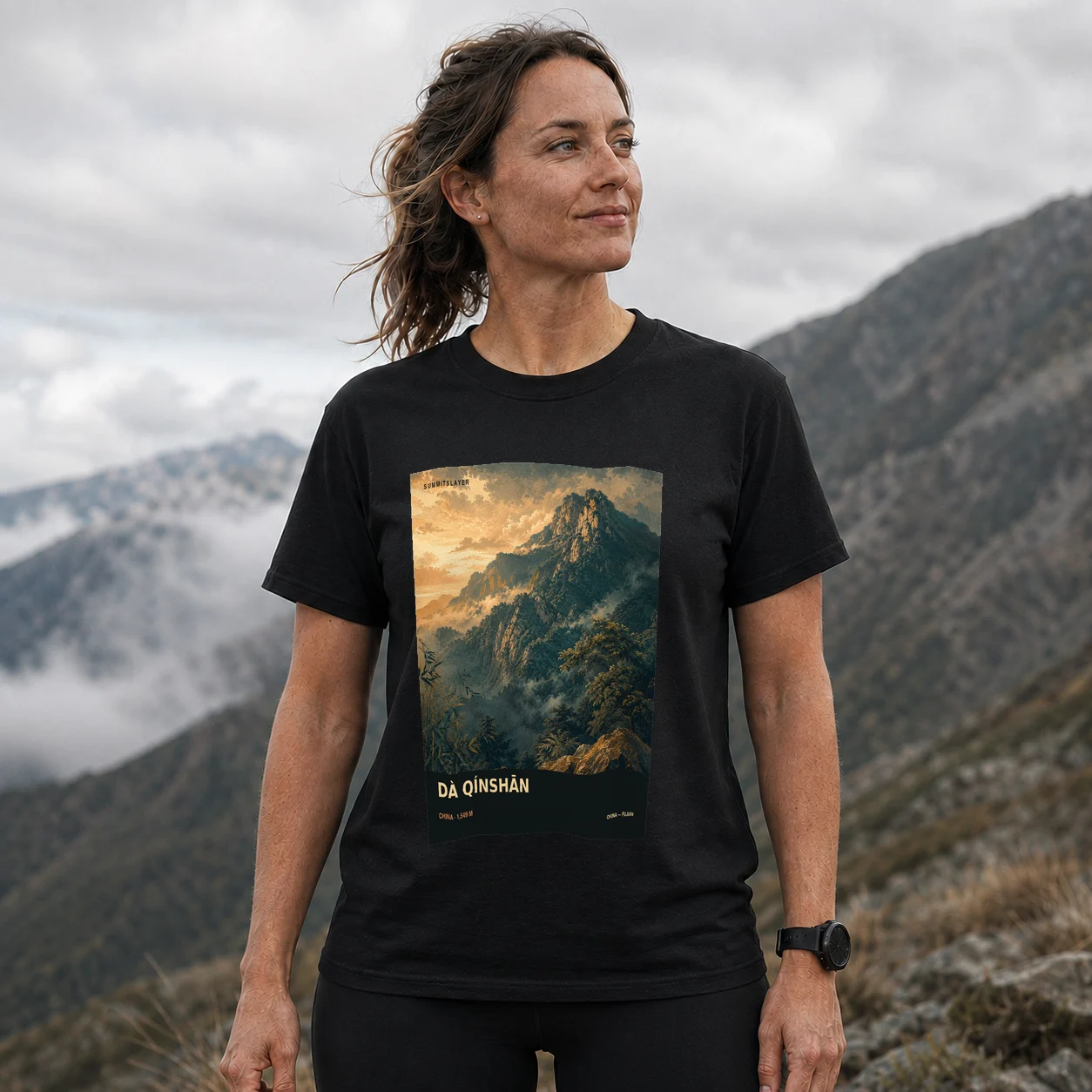 Black Daqin Shan T-shirt front with mountain artwork