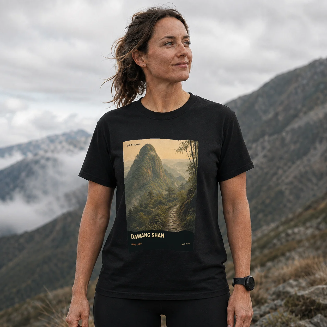 Black Dawang Shan T-shirt front with mountain artwork