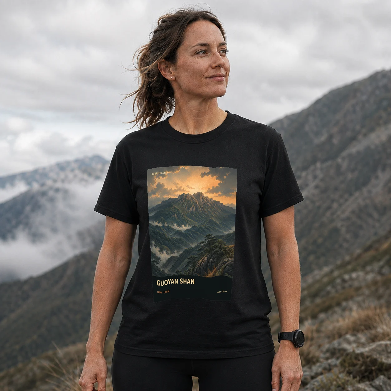 Black Guoyan Shan T-shirt front with mountain artwork