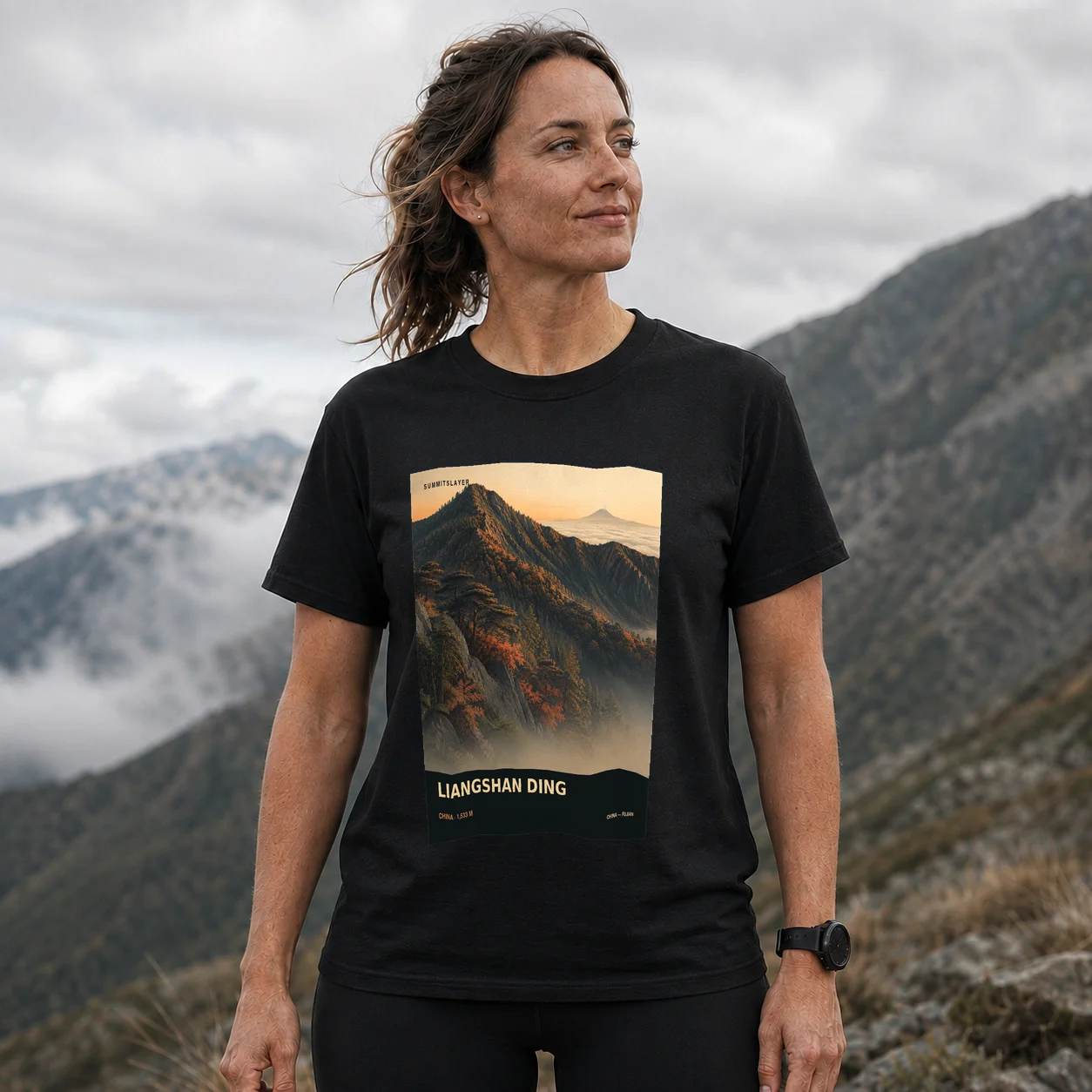 Black Liangshan Ding T-shirt front with mountain artwork