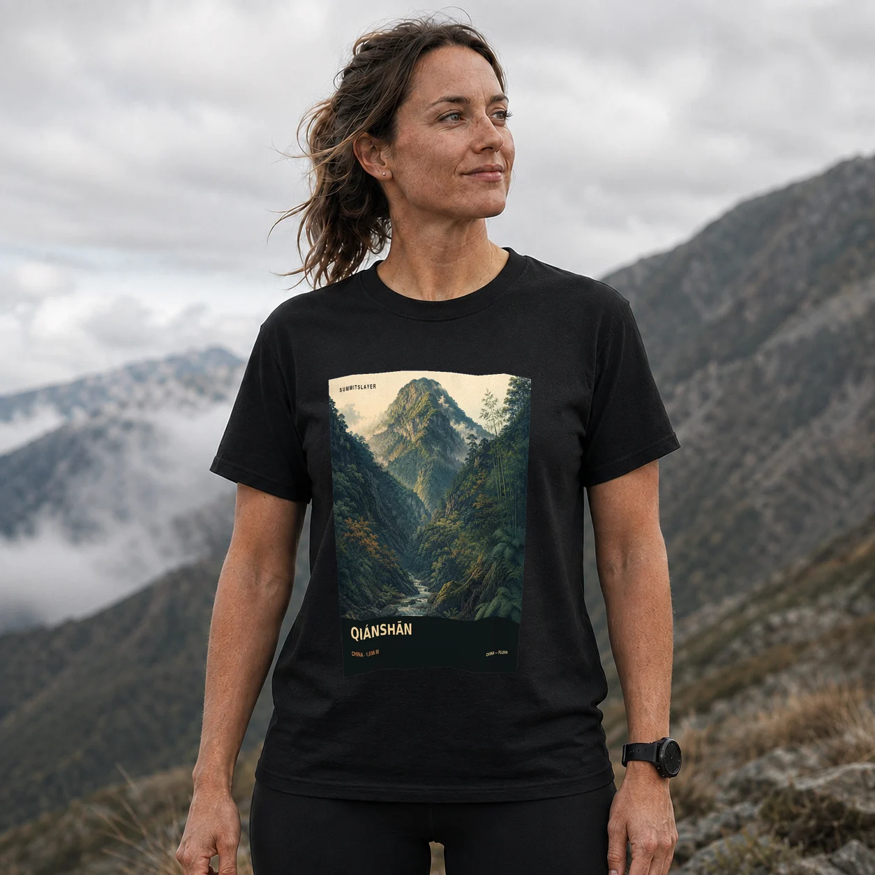Black Qian Shan T-shirt front with mountain artwork