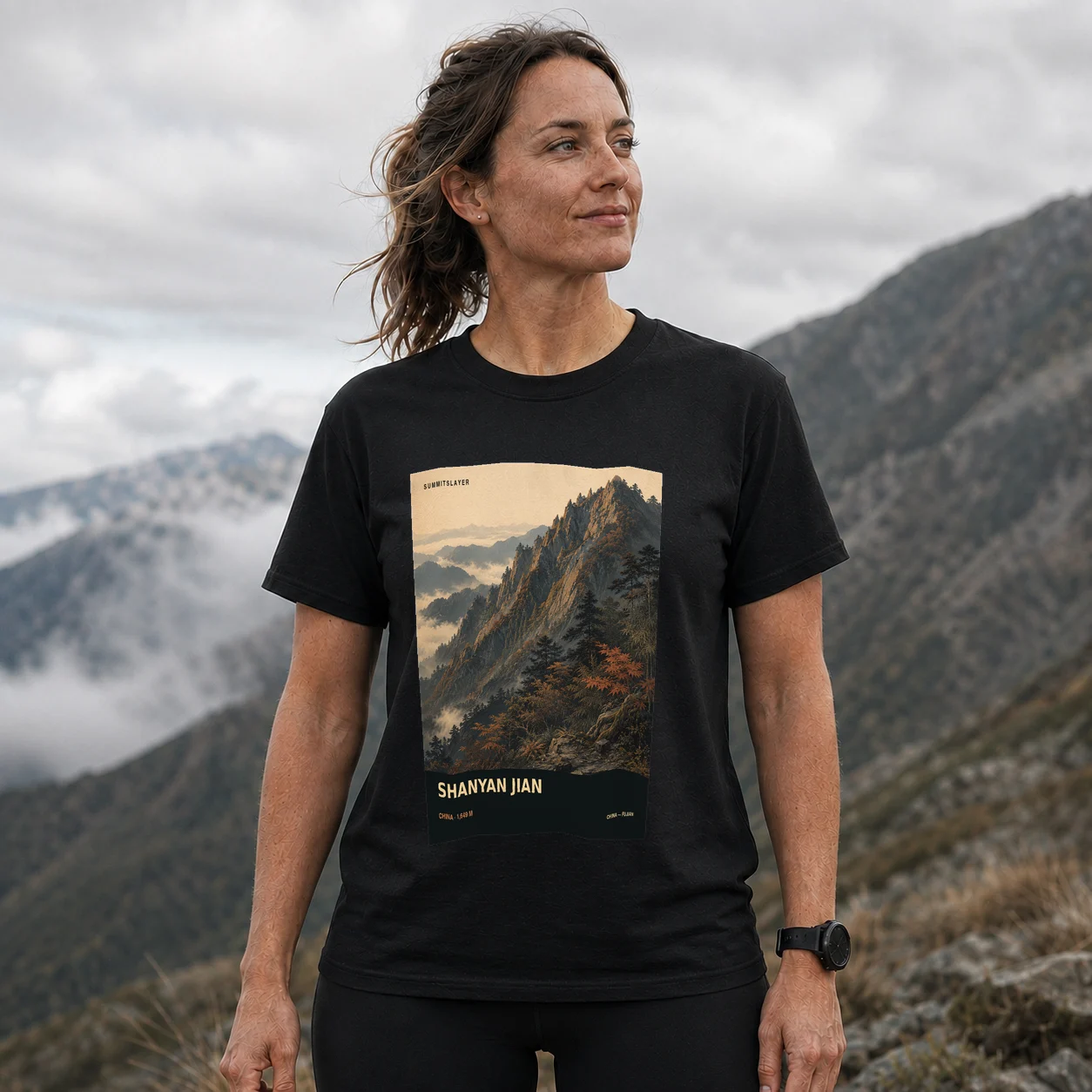 Black Shanyan Jian T-shirt front with mountain artwork