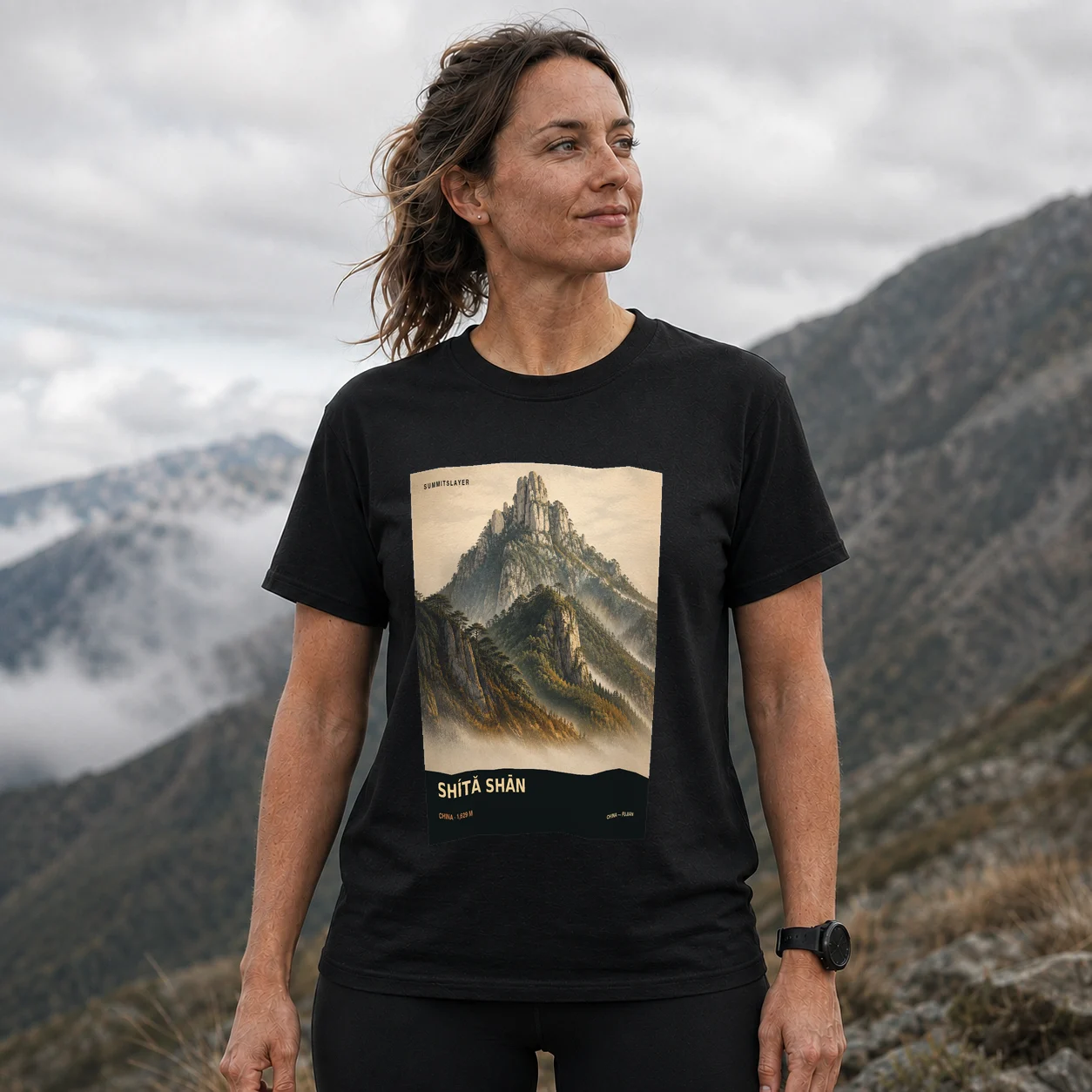 Black Shita Shan T-shirt front with mountain artwork