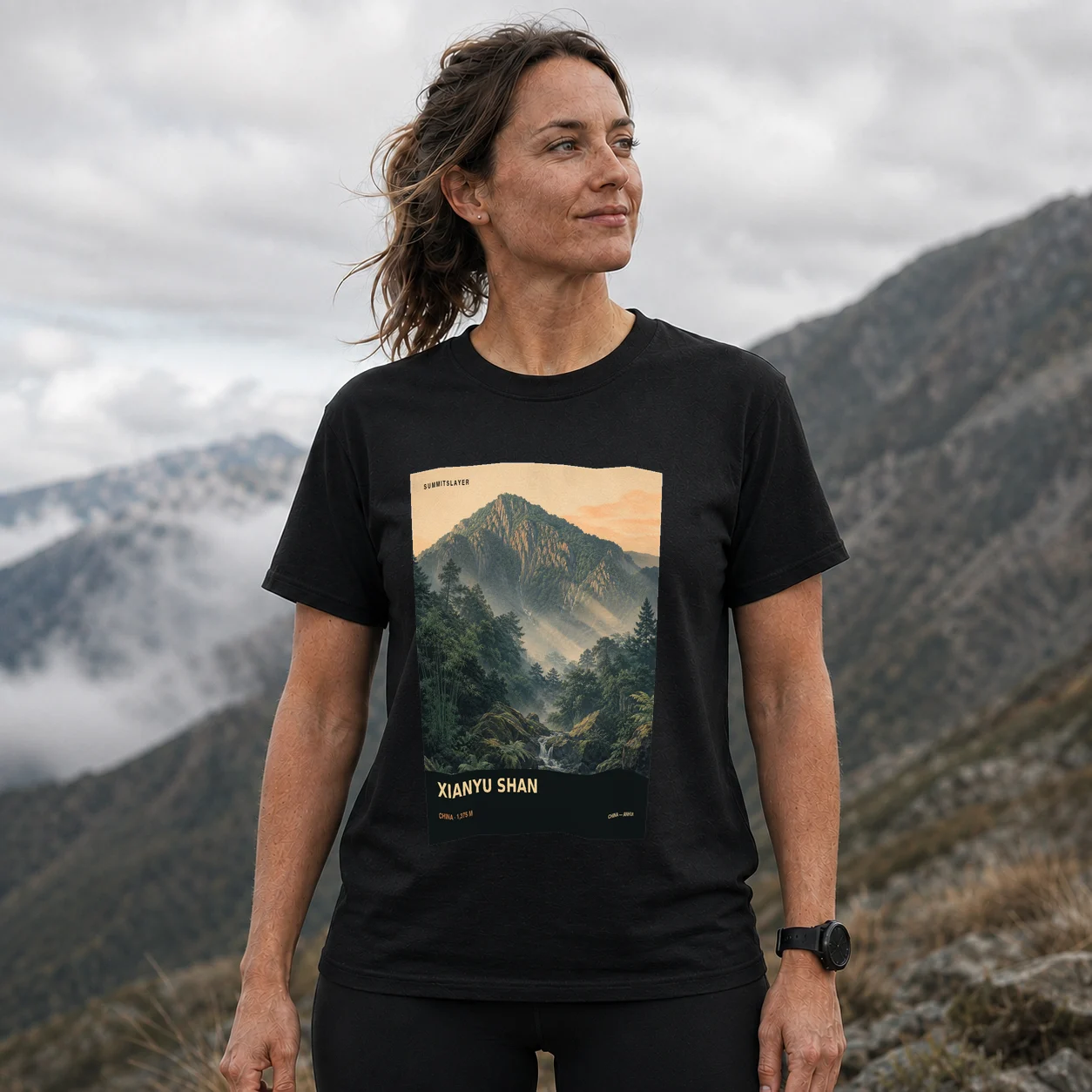 Black Xianyu Shan T-shirt front with mountain artwork