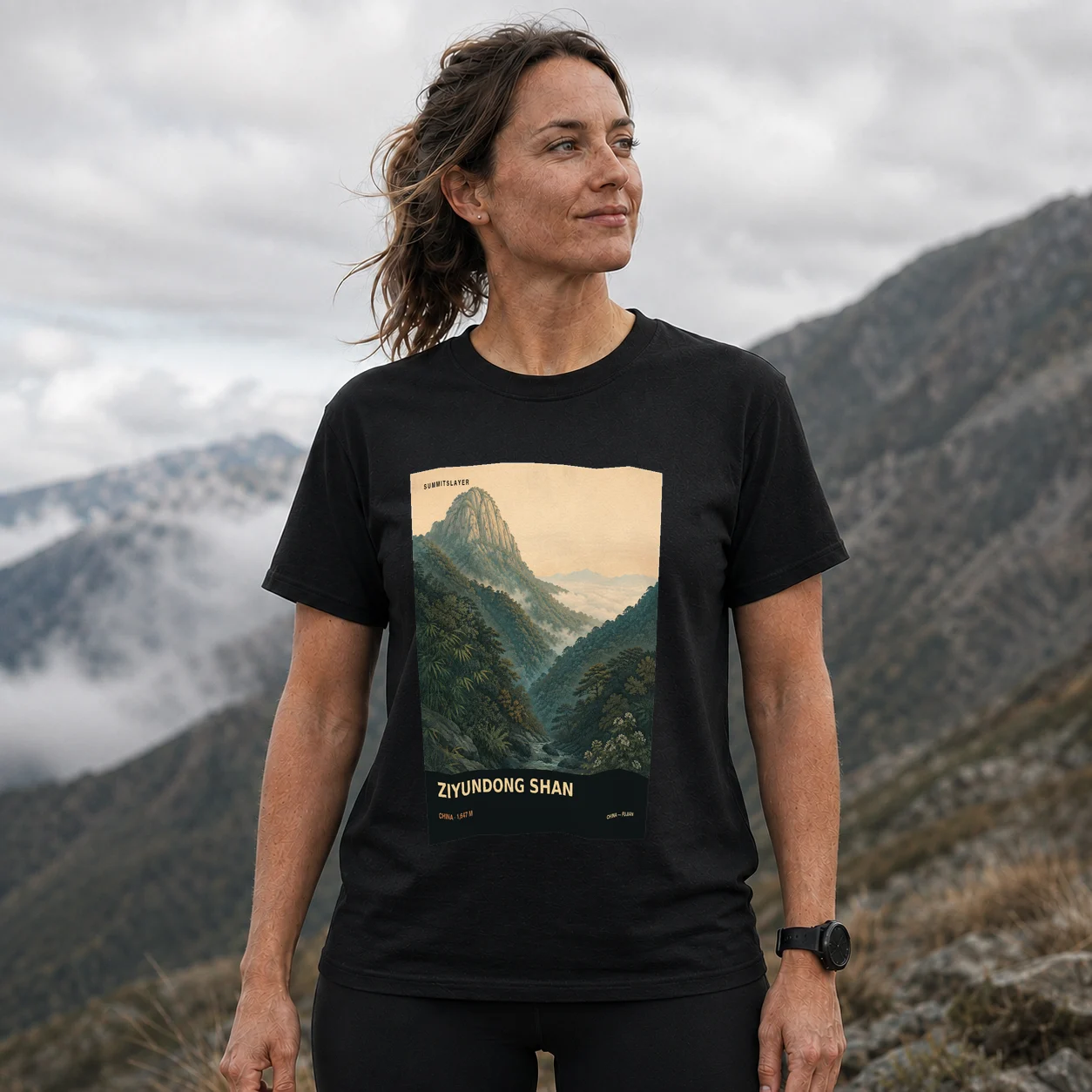 Black Ziyundong Shan T-shirt front with mountain artwork