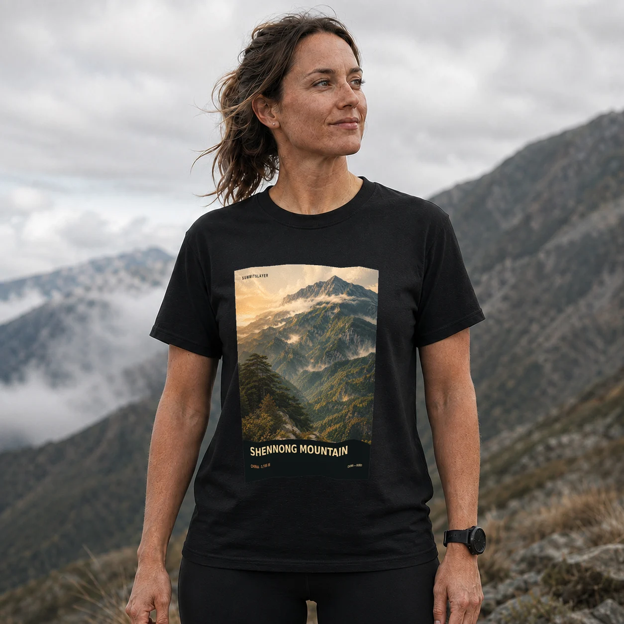 Black Dashennongjia T-shirt front with mountain artwork