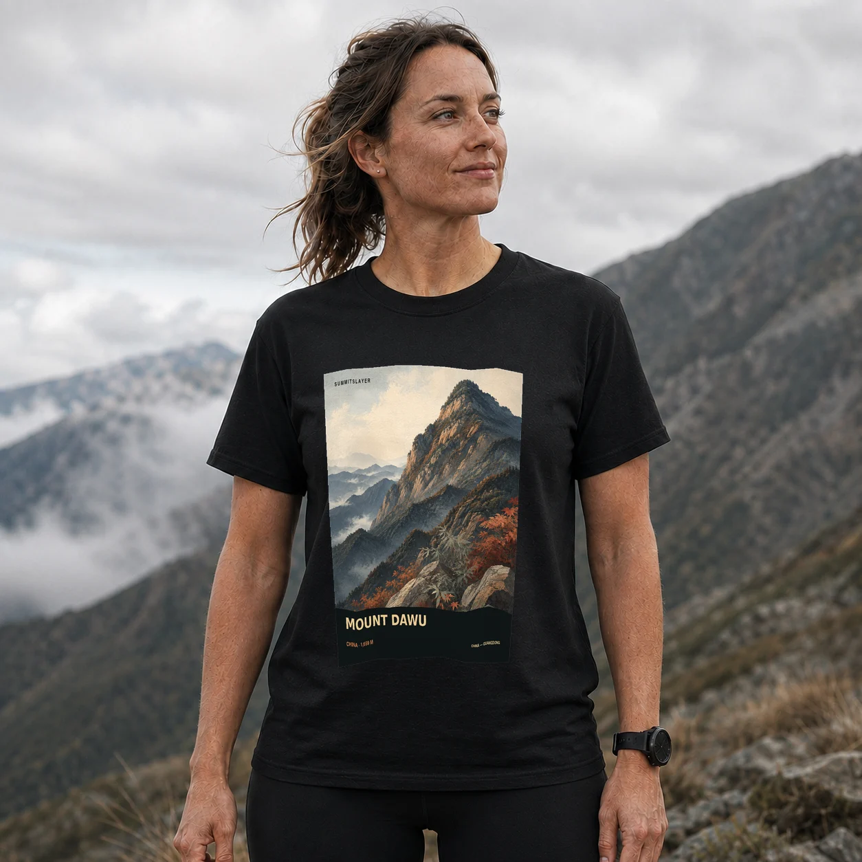 Black Dawu Shan T-shirt front with mountain artwork