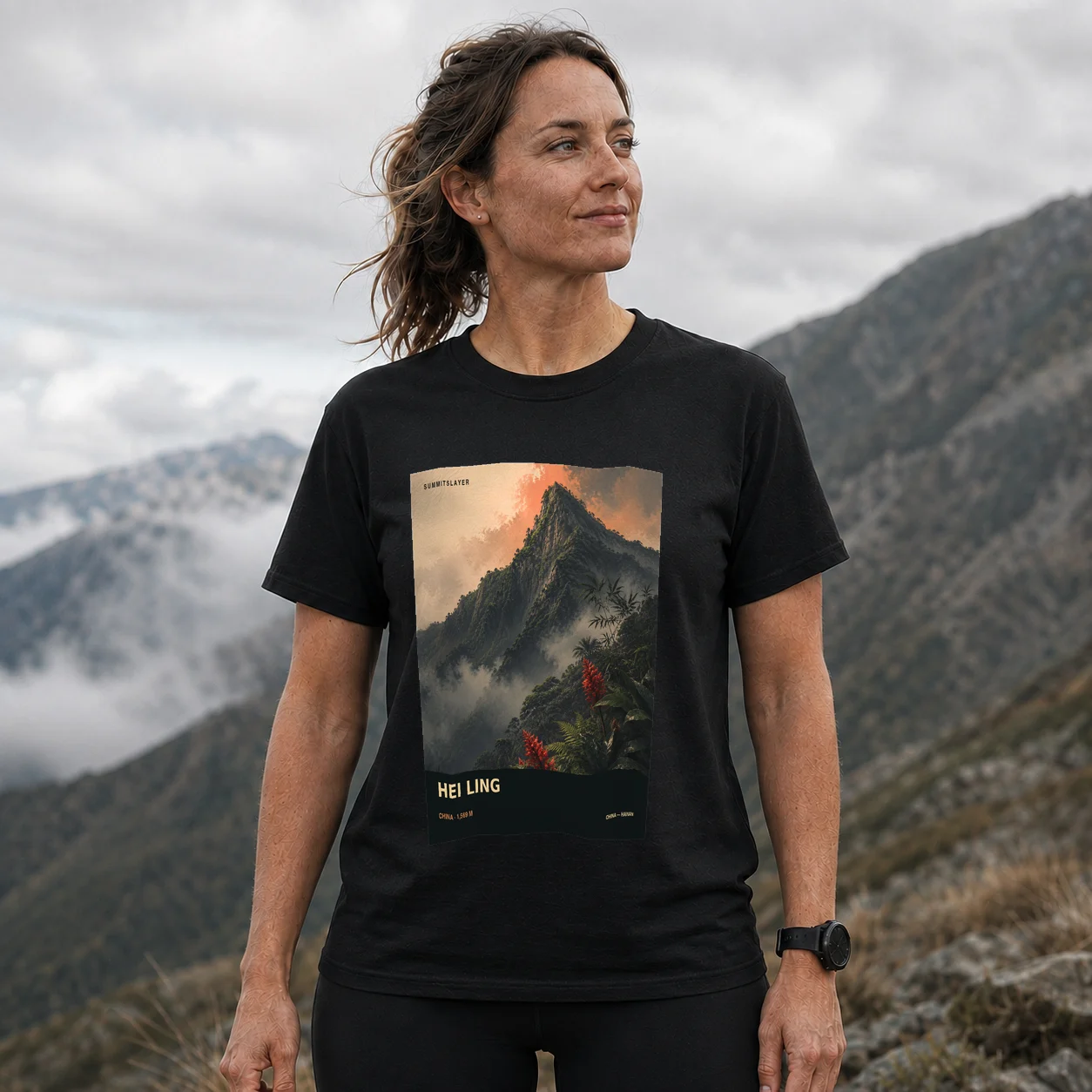 Black Hei Ling T-shirt front with mountain artwork