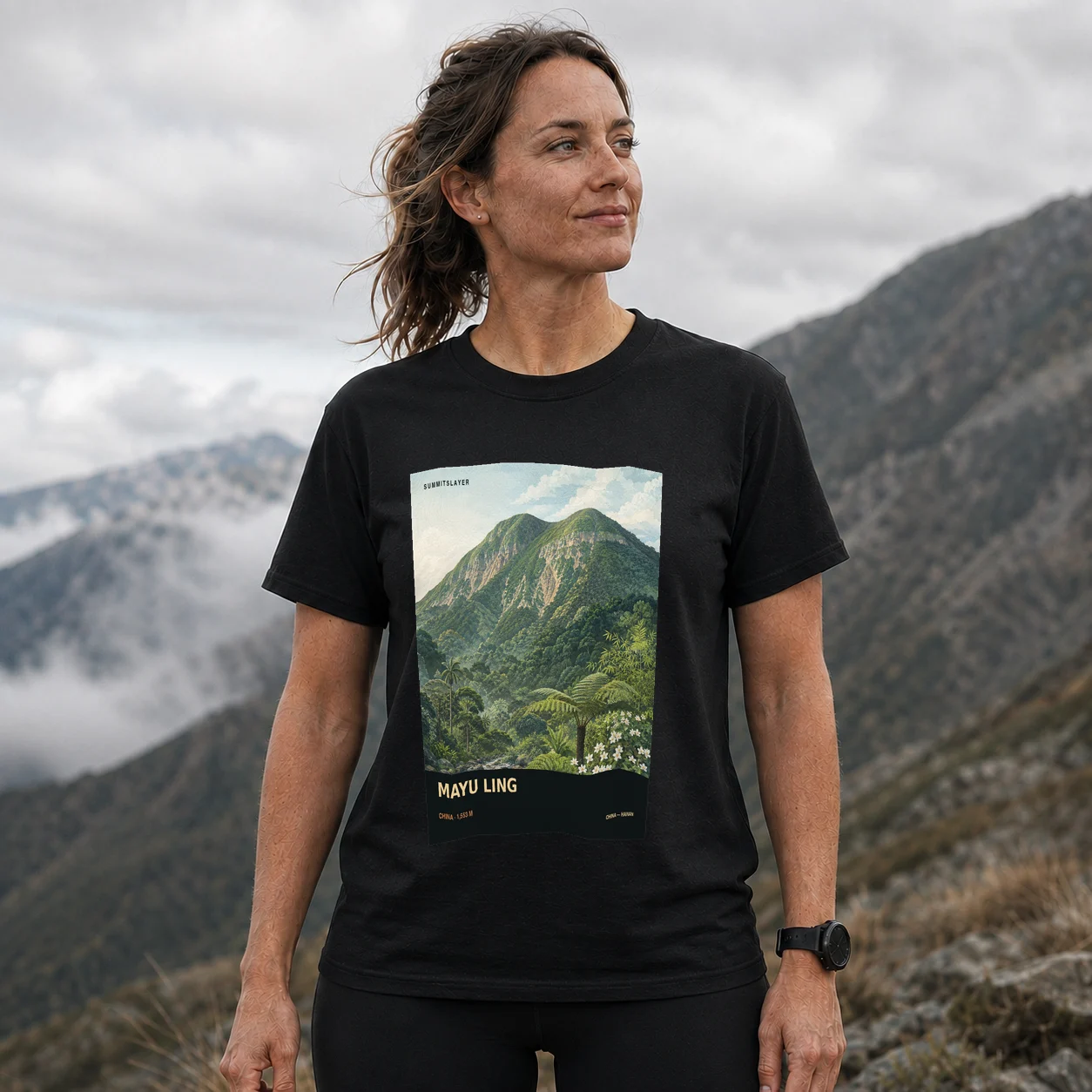 Black Mayu Ling T-shirt front with mountain artwork