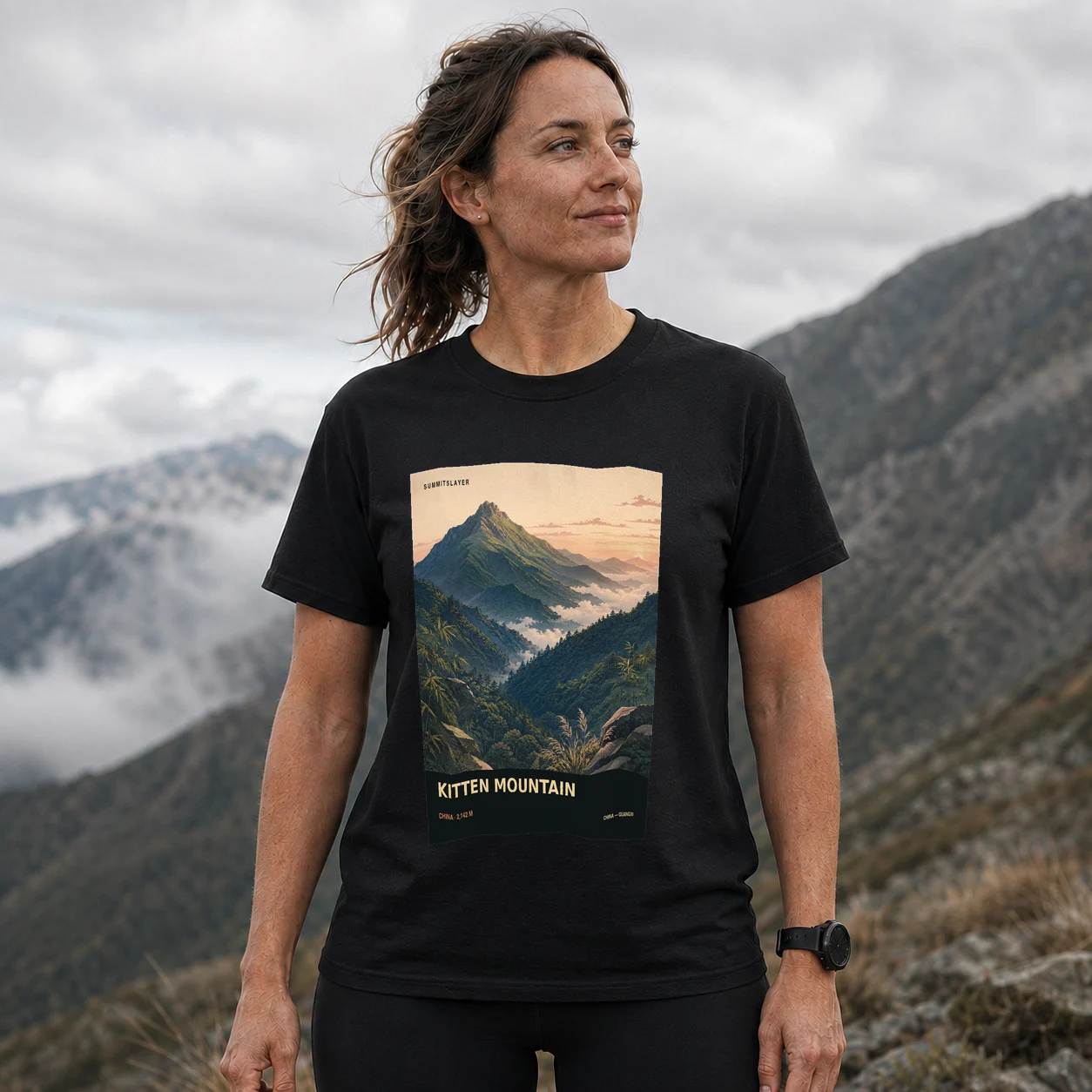 Black Miao’er Shan T-shirt front with mountain artwork