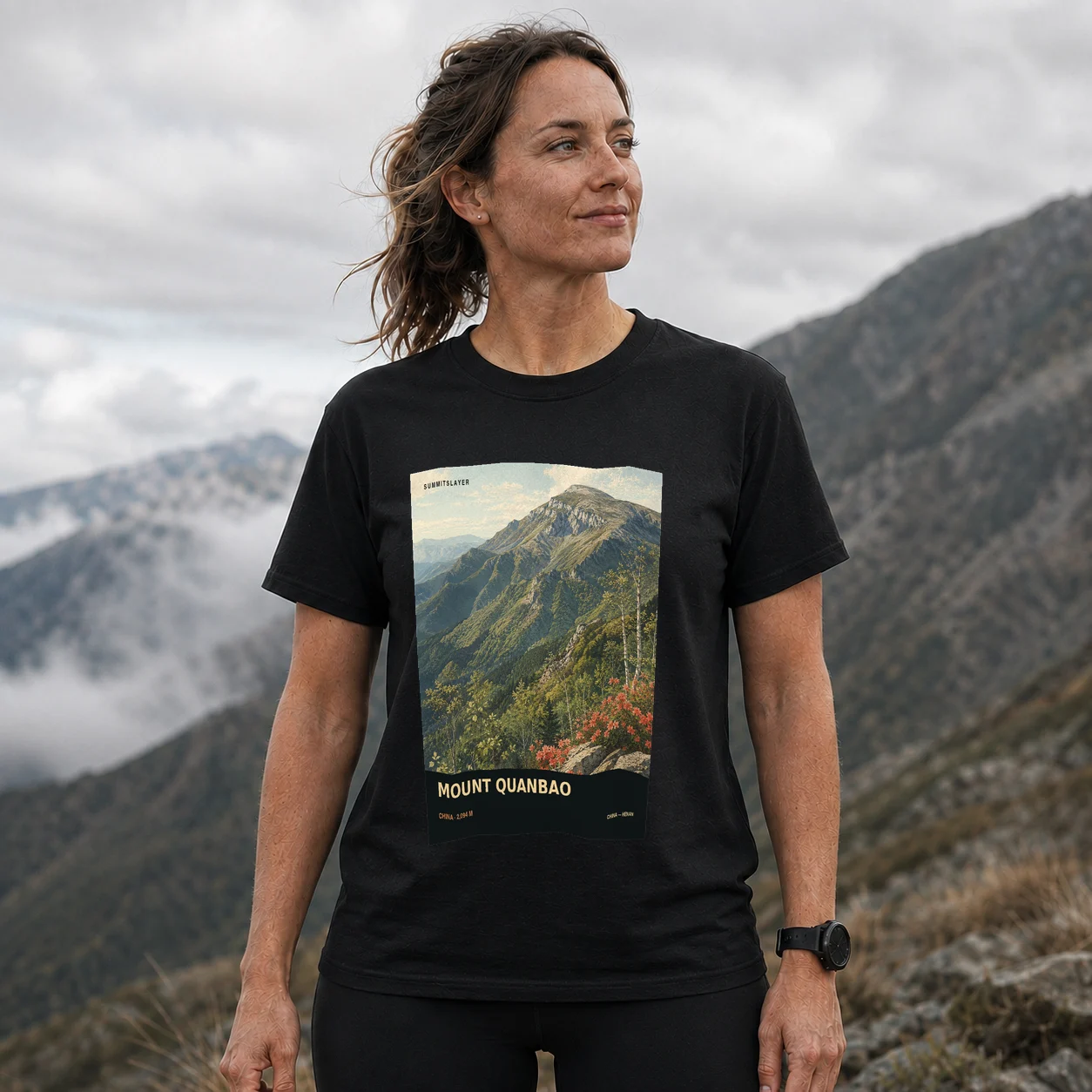 Black Quanbao Shan T-shirt front with mountain artwork