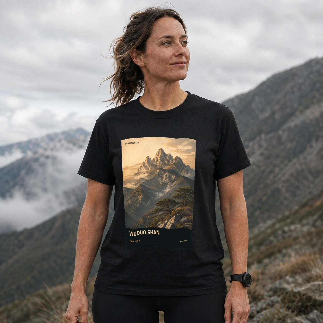 Black Wuduo Shan T-shirt front with mountain artwork