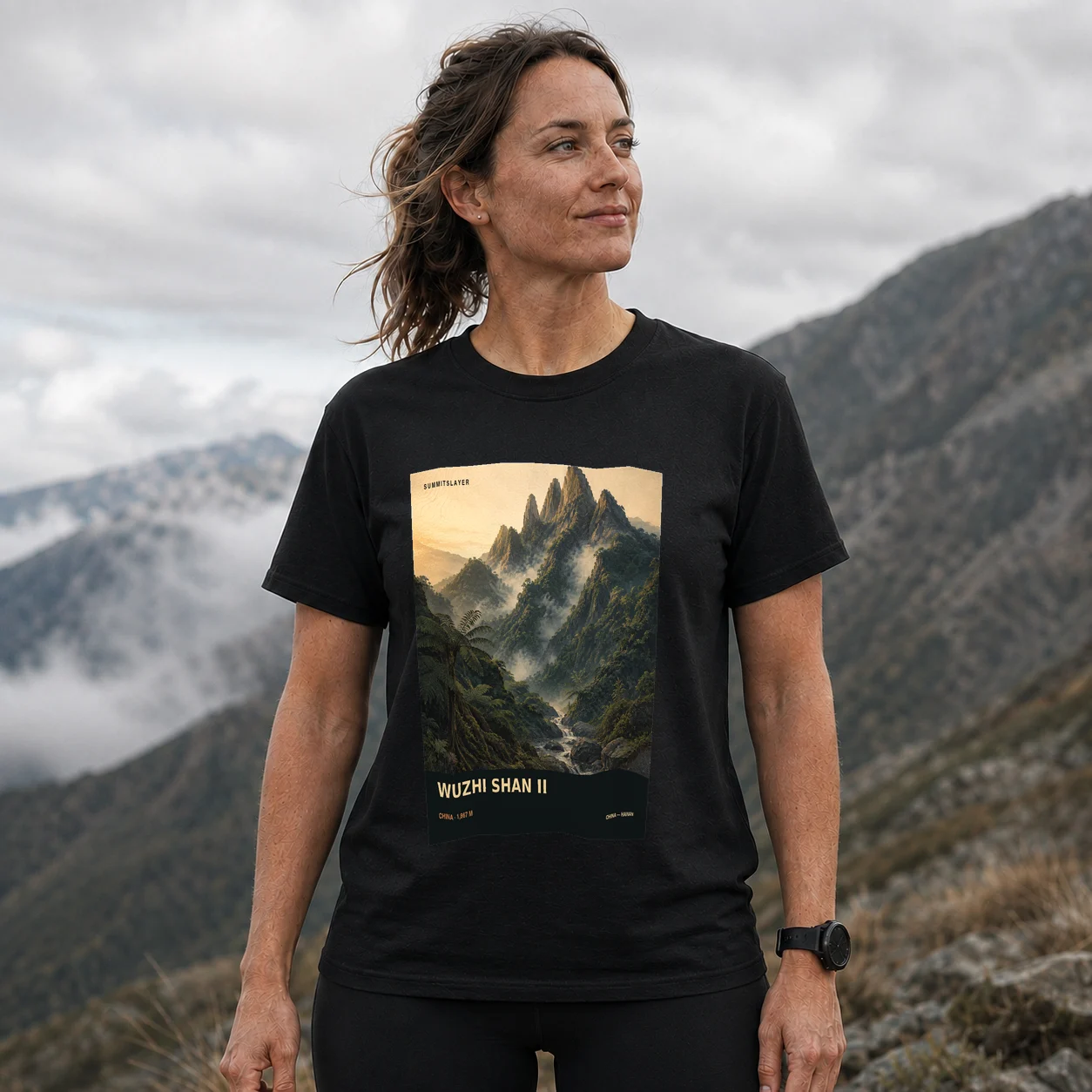 Black Wuzhi Shan T-shirt front with mountain artwork