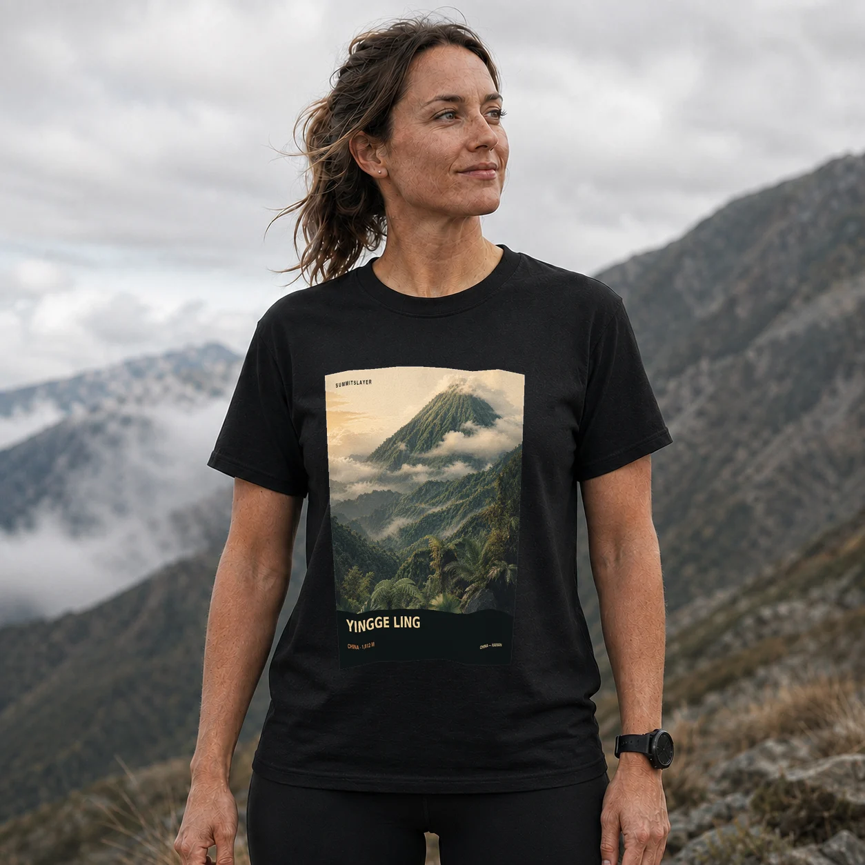 Black Yingge Ling T-shirt front with mountain artwork
