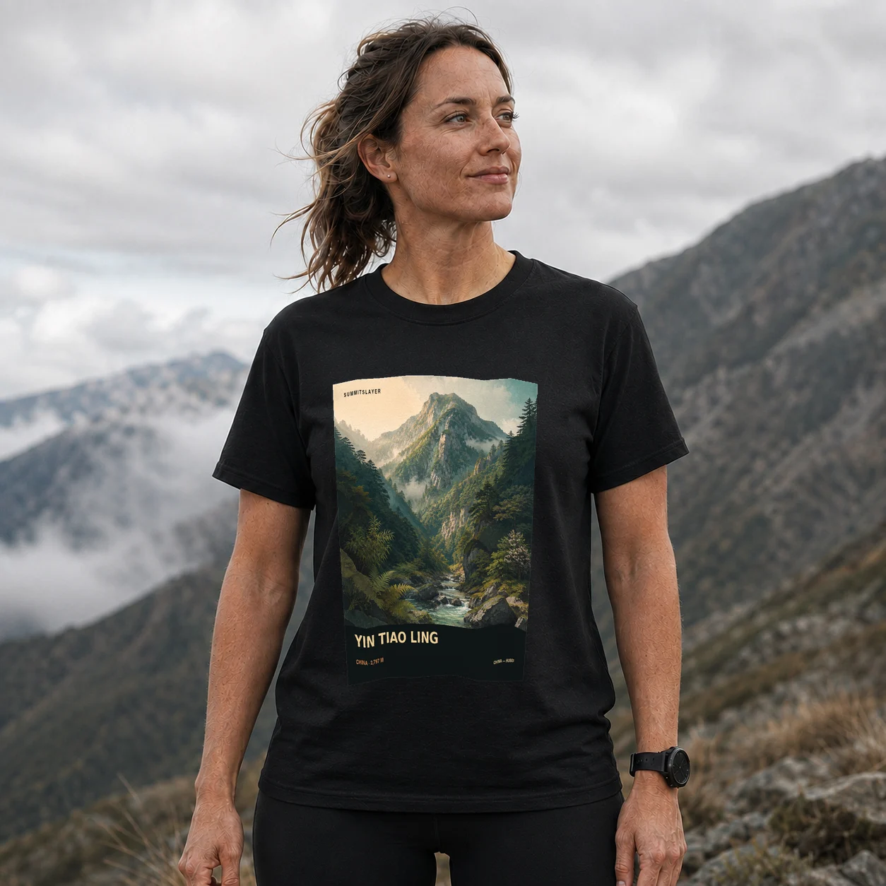 Black Yintiao Ling T-shirt front with mountain artwork
