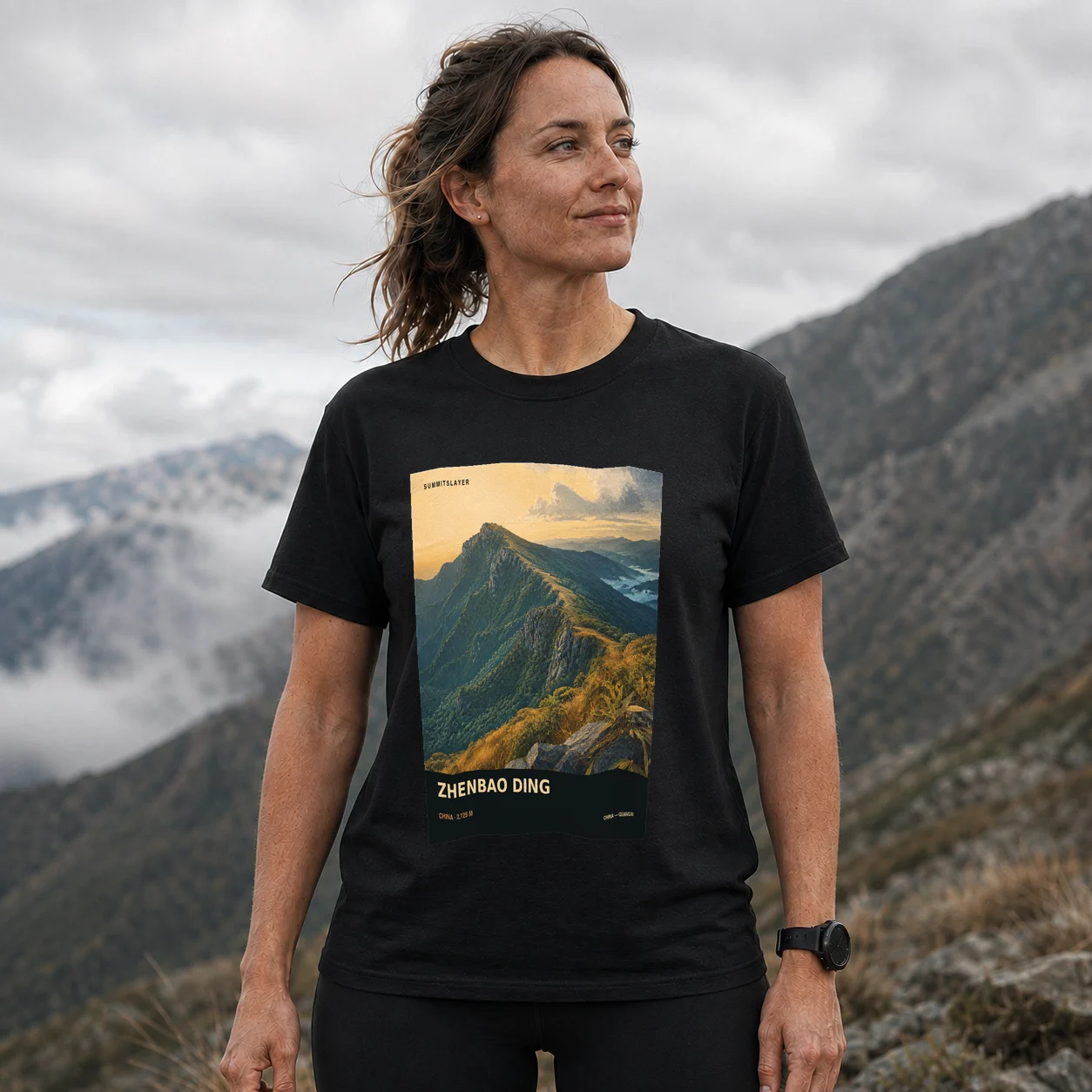 Black Zhenbao Ding T-shirt front with mountain artwork