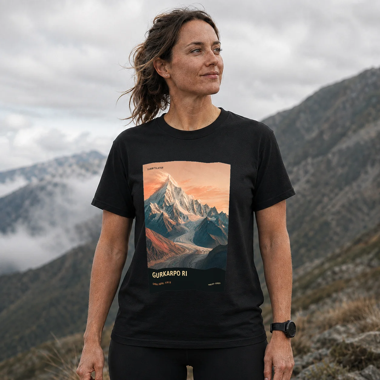 Black Gurkārpo Ri̇̄ T-shirt front with mountain artwork