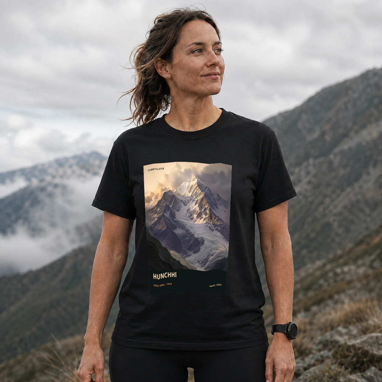 Black Huṅchhi T-shirt front with mountain artwork