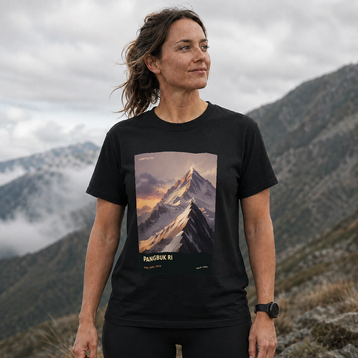 Black Pāṅbuk T-shirt front with mountain artwork