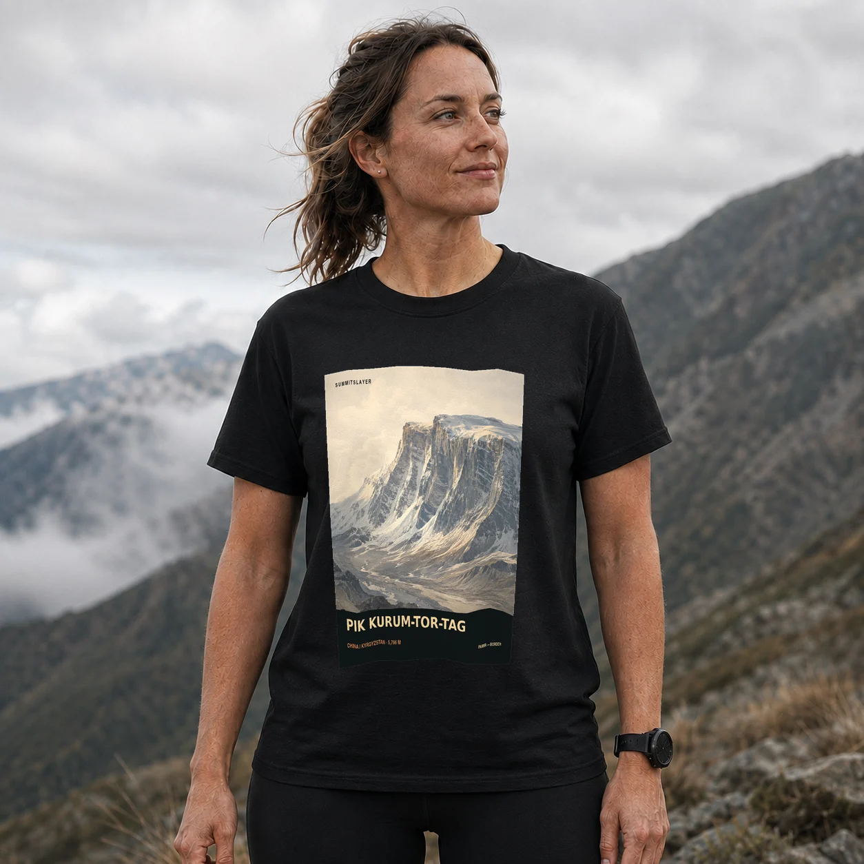 Black Pik Kurum-Tor-Tag T-shirt front with mountain artwork