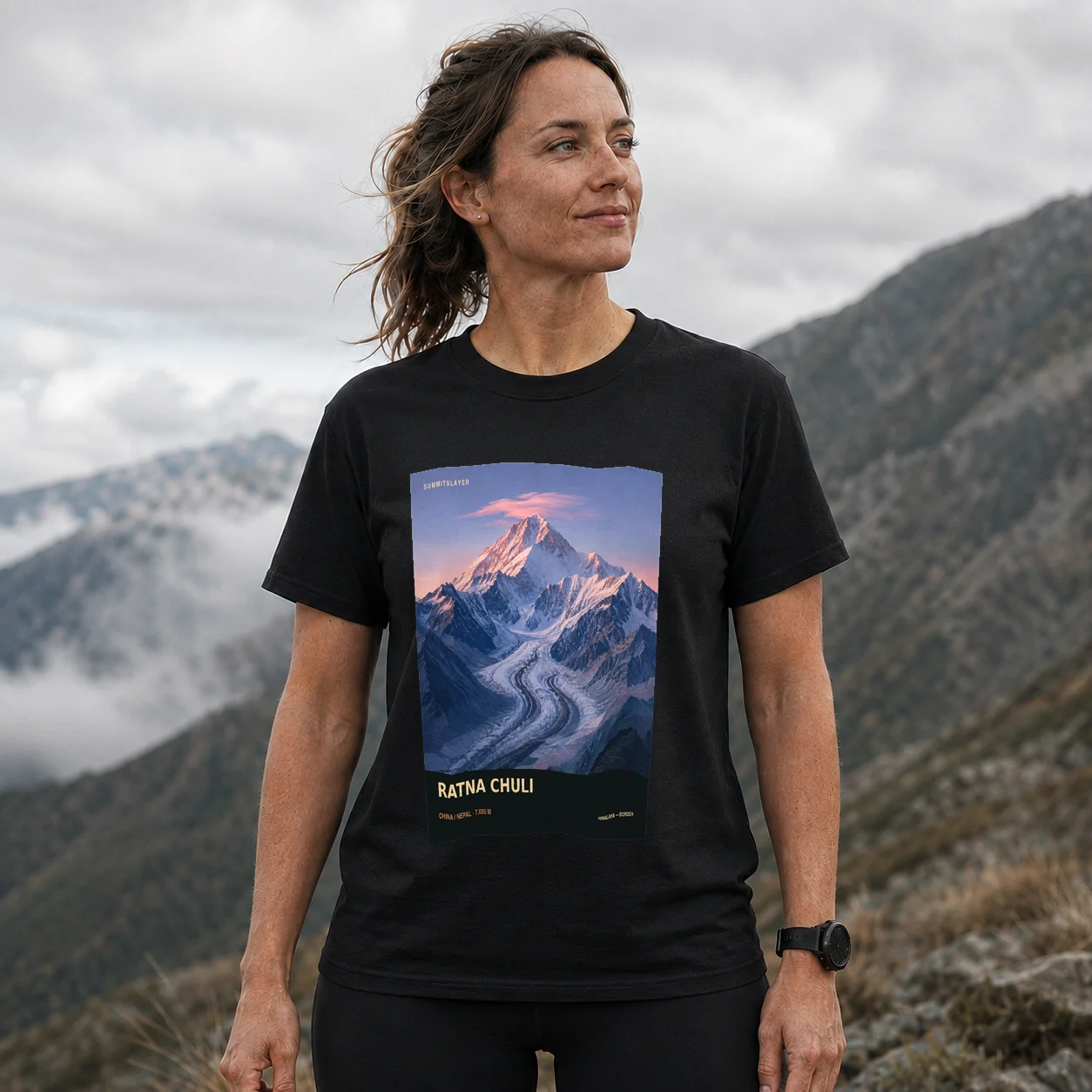 Black Ratna Chuli̇̄ T-shirt front with mountain artwork