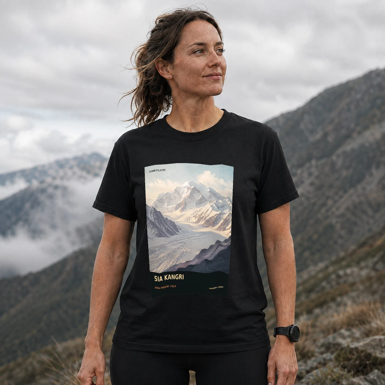 Black Sia Kangri T-shirt front with mountain artwork
