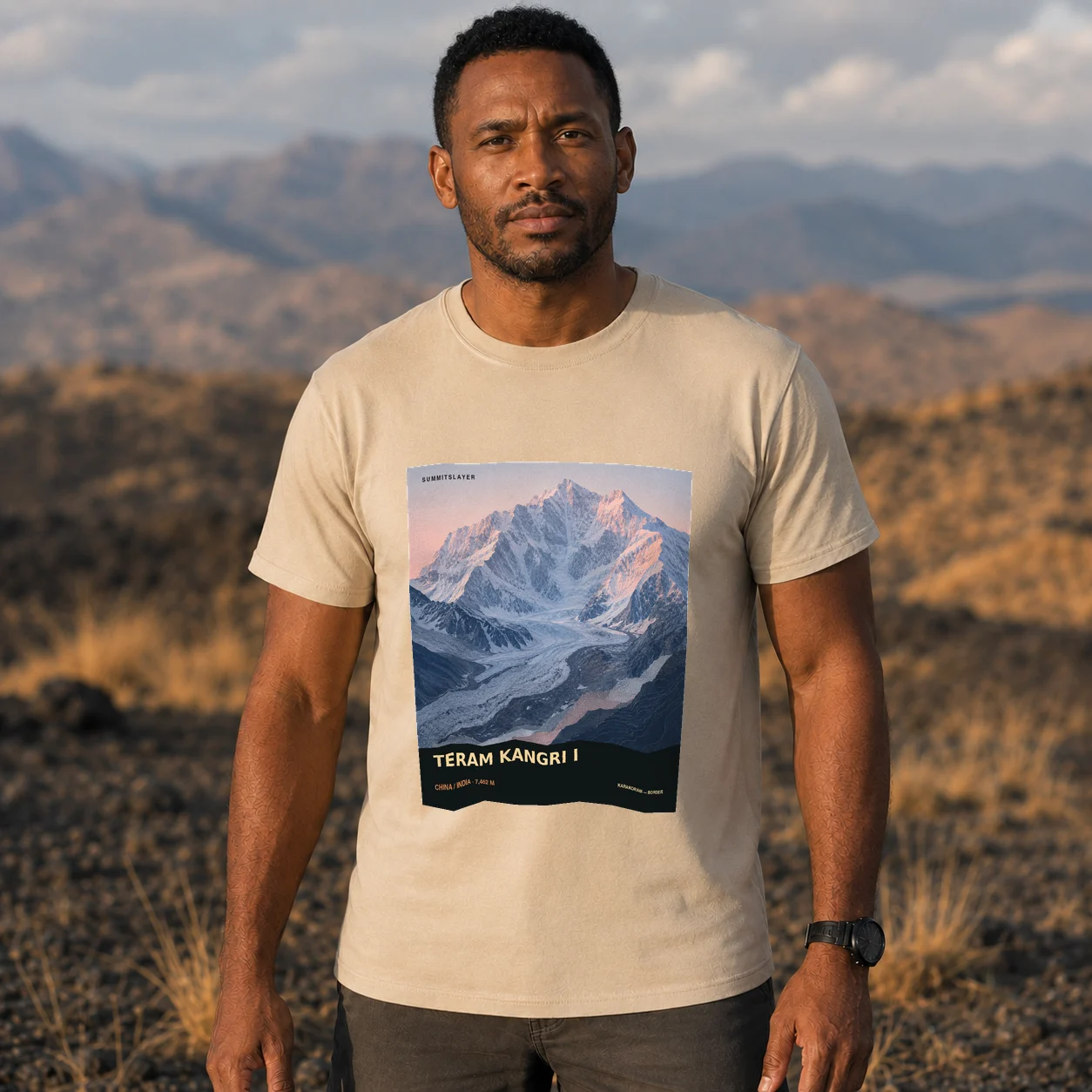 Sand Teram Kangri Peak T-shirt front with mountain artwork
