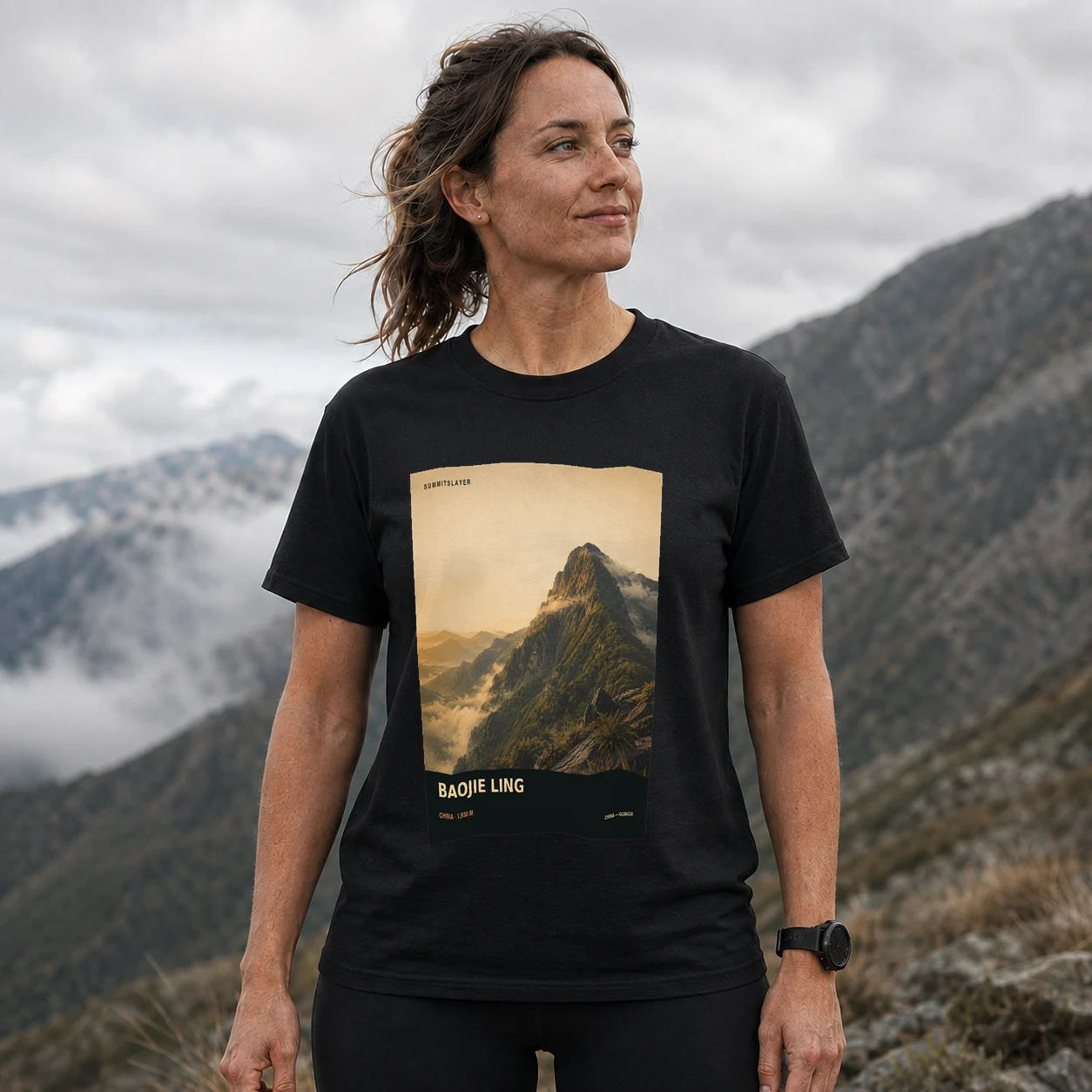 Black Baojie Ling T-shirt front with mountain artwork
