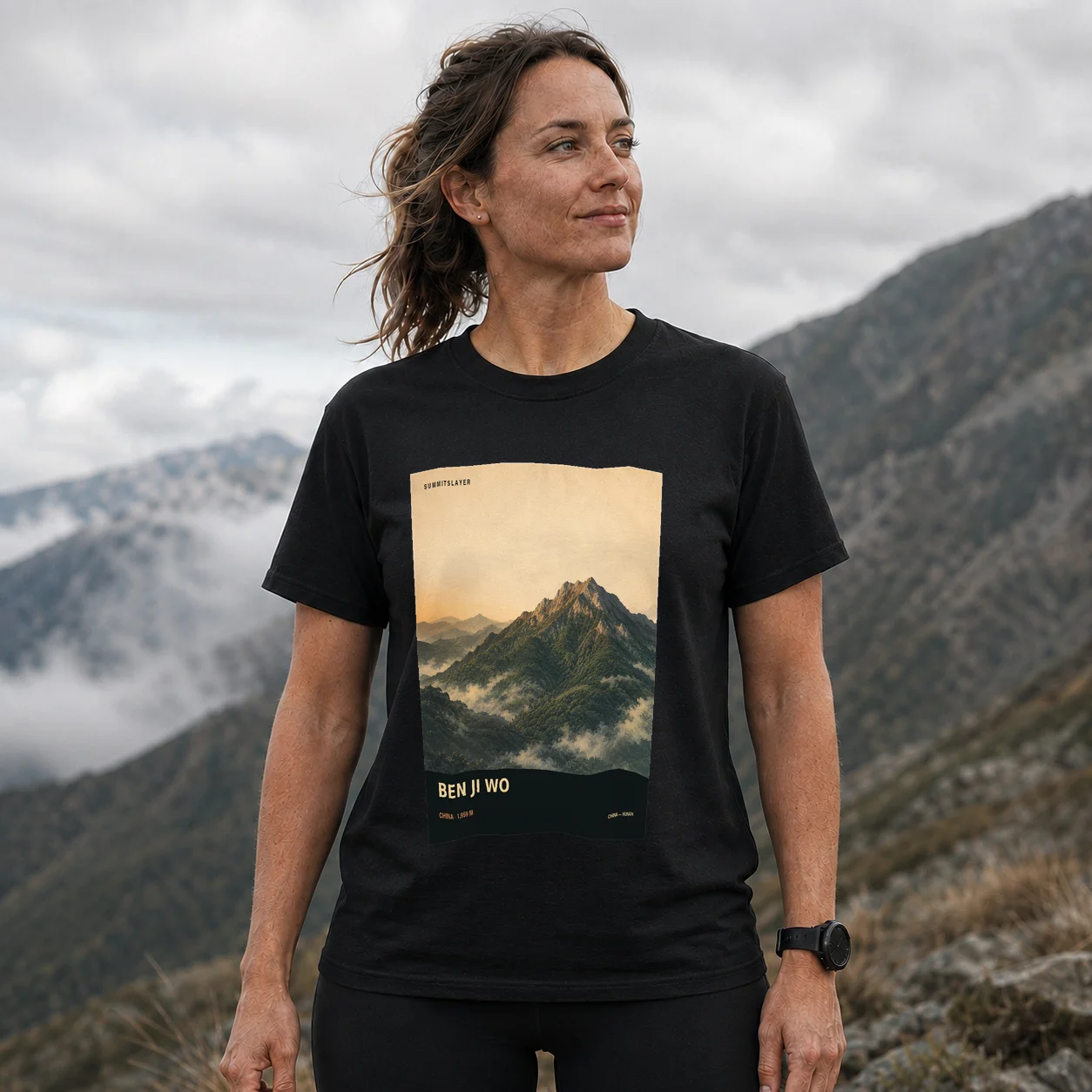 Black Benjiwo T-shirt front with mountain artwork