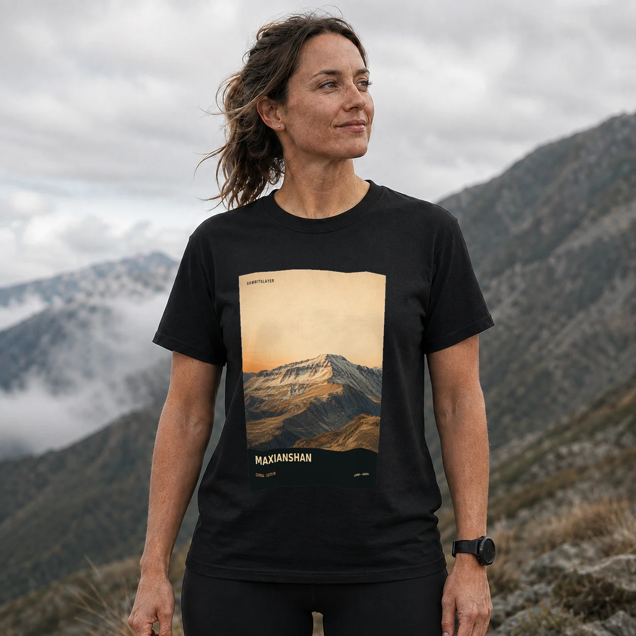 Black Maxian Shan T-shirt front with mountain artwork