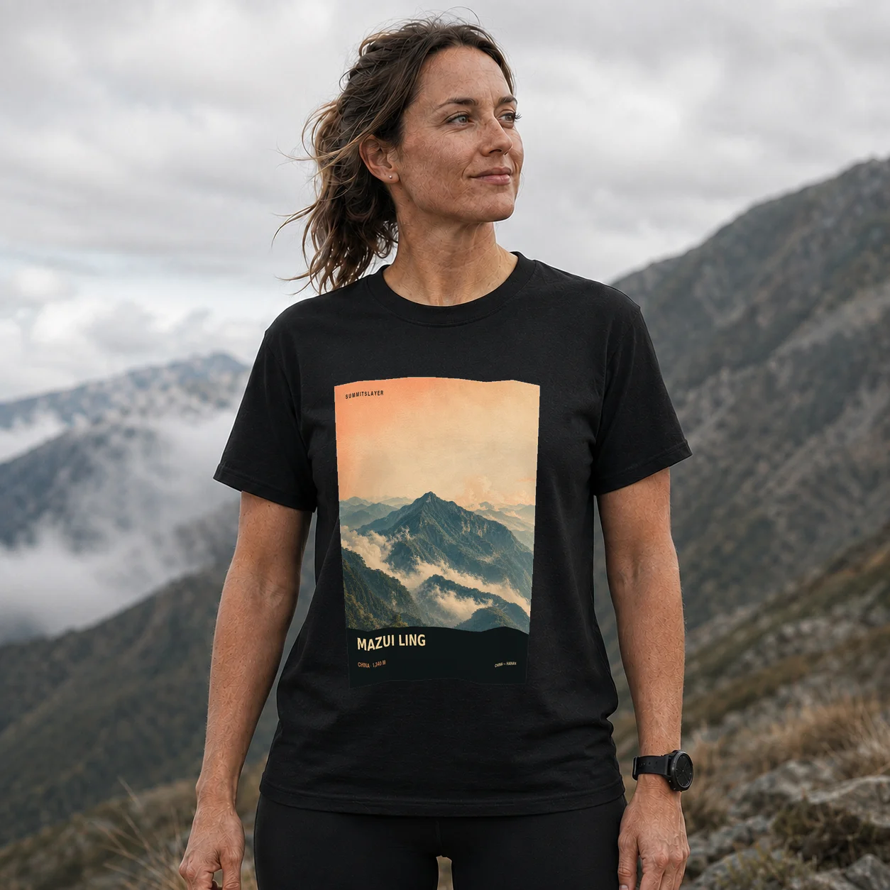 Black Mazui Ling T-shirt front with mountain artwork
