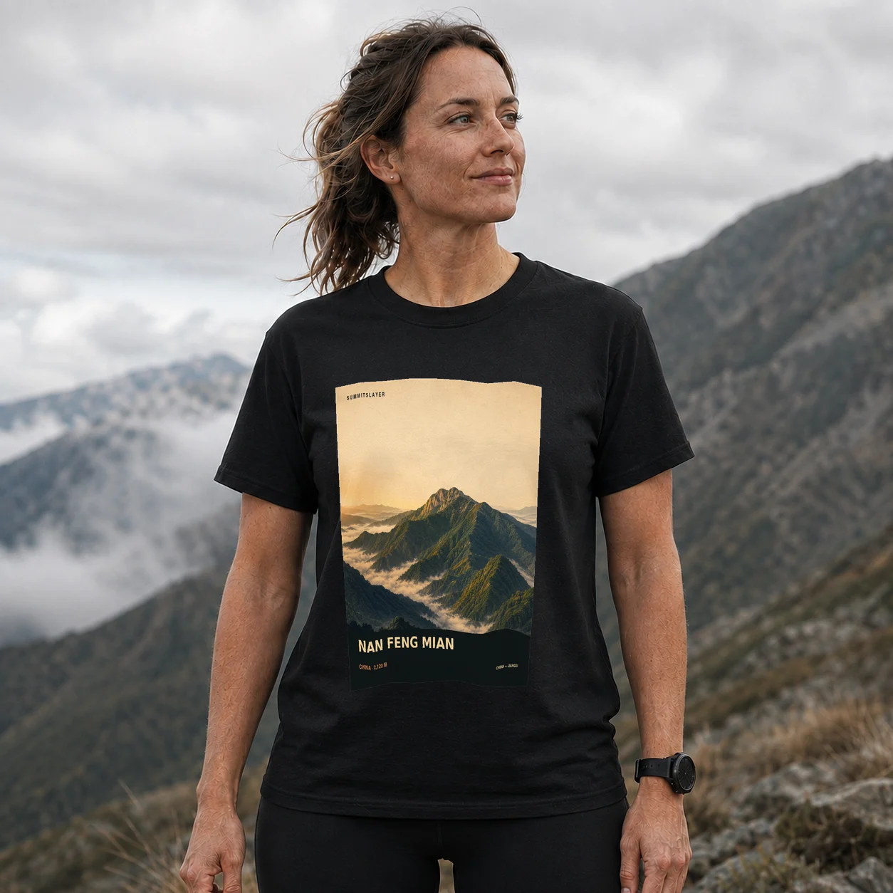 Black Nanfengmian Shan T-shirt front with mountain artwork