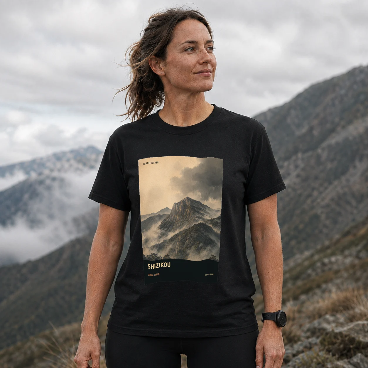 Black Shizikou T-shirt front with mountain artwork