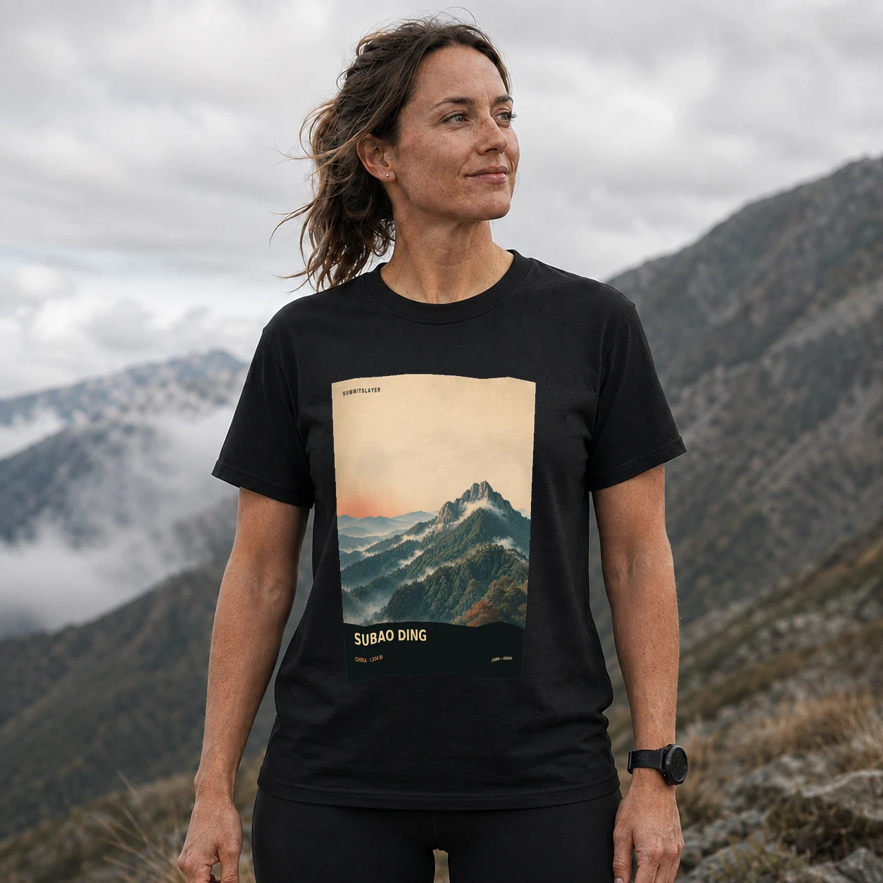 Black Subao Ding T-shirt front with mountain artwork