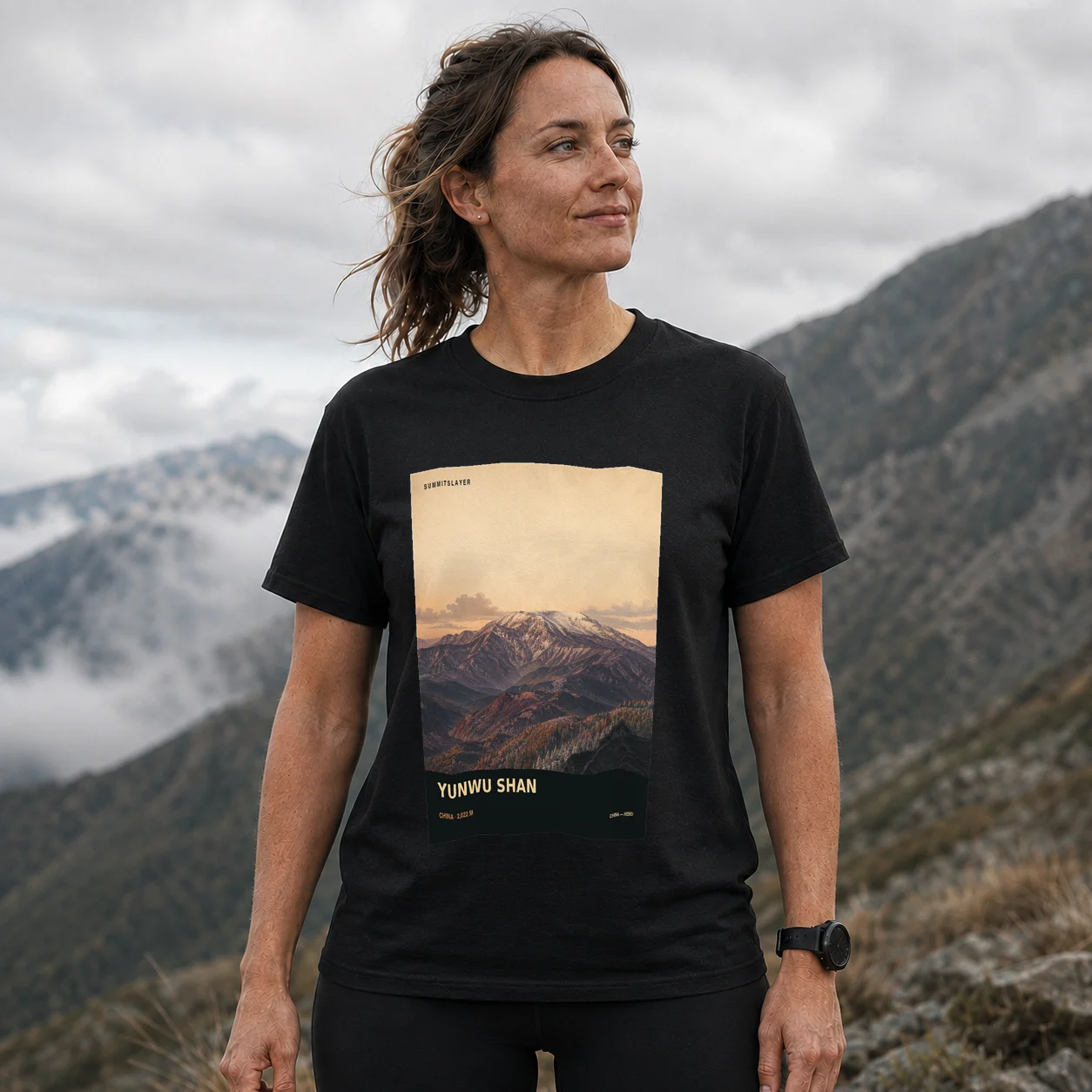 Black Yunwu Shan T-shirt front with mountain artwork