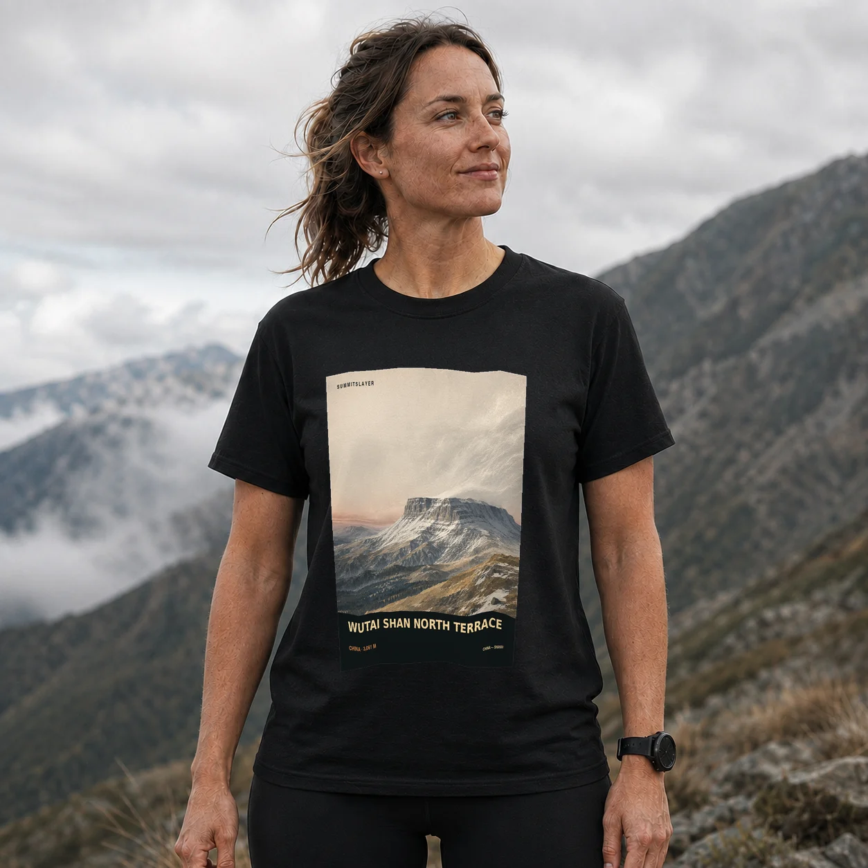 Black Beitai Ding T-shirt front with mountain artwork
