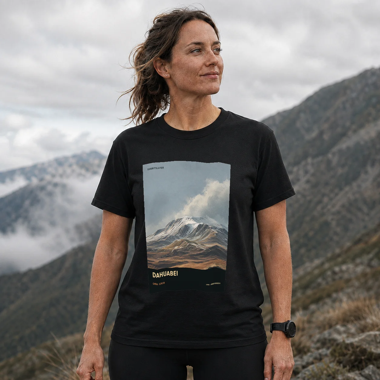 Black Dahuabei T-shirt front with mountain artwork