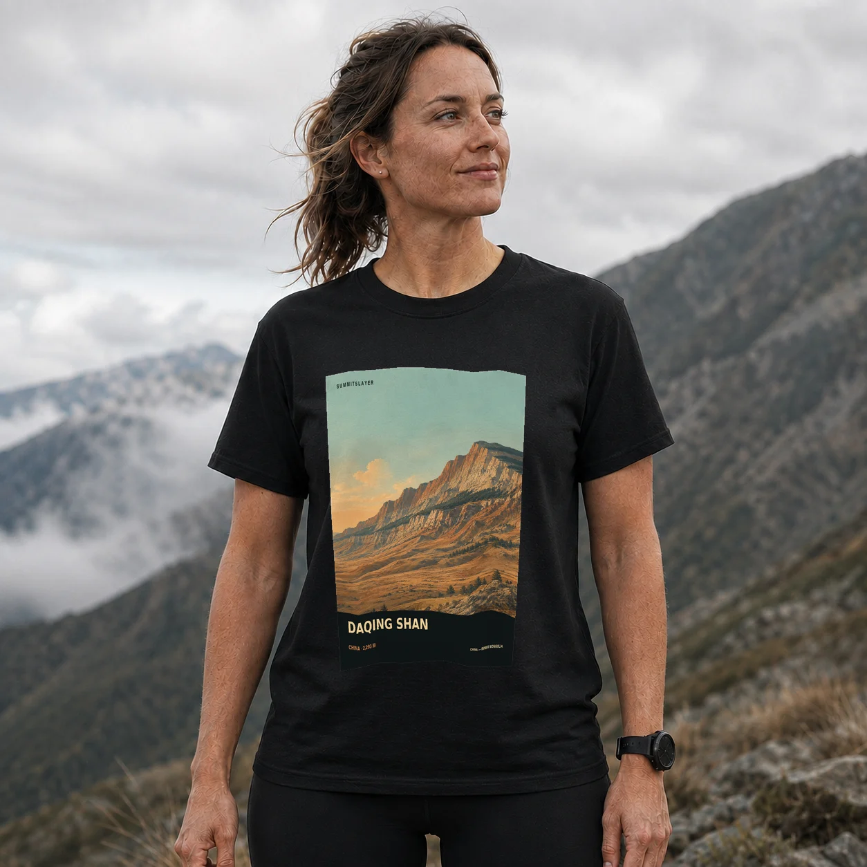 Black Daqing Shan T-shirt front with mountain artwork