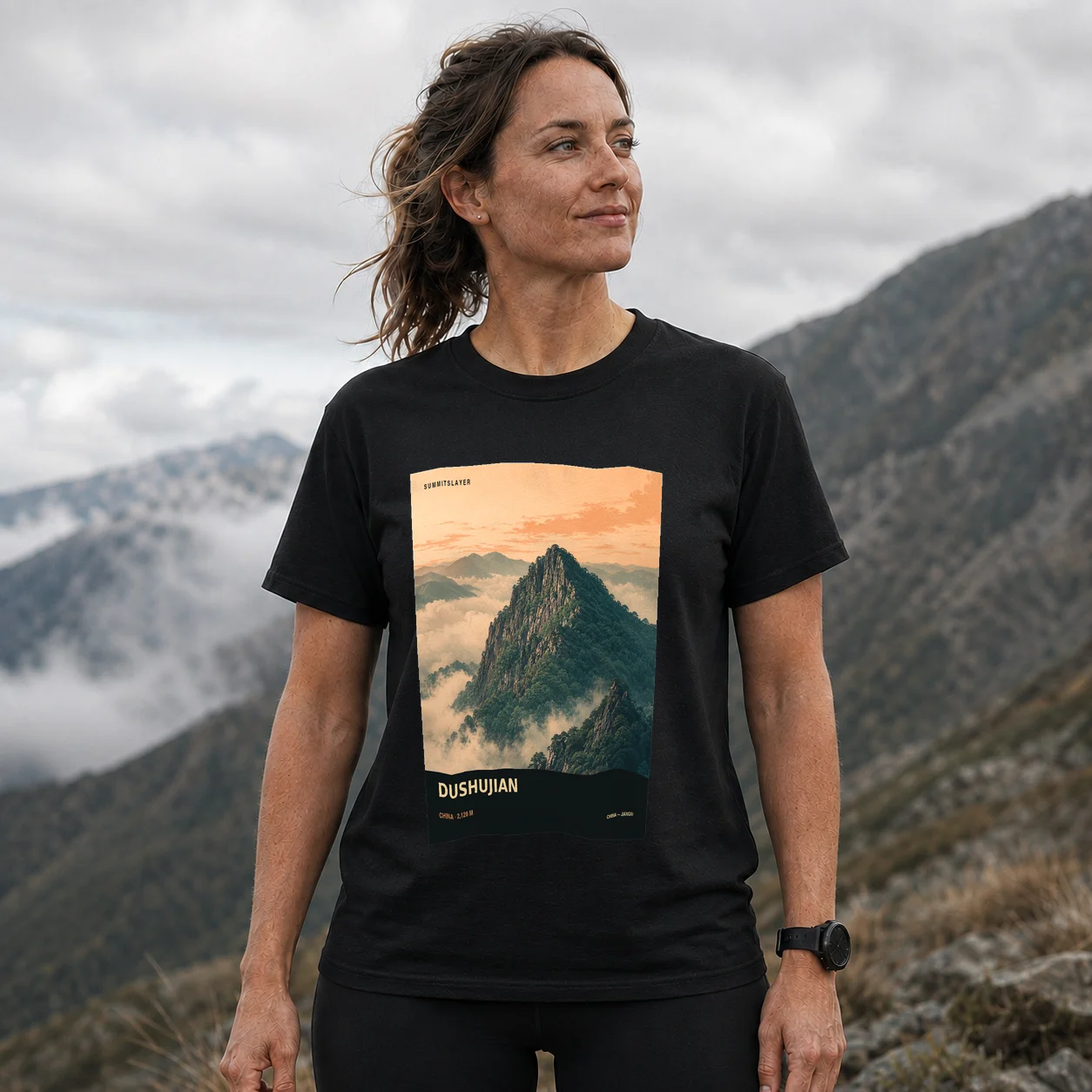 Black Dushujian T-shirt front with mountain artwork