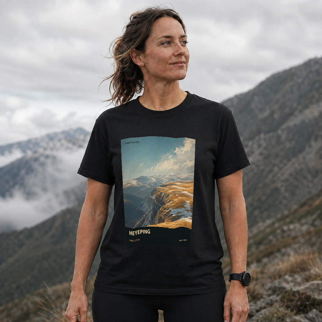 Black Heyeping T-shirt front with mountain artwork
